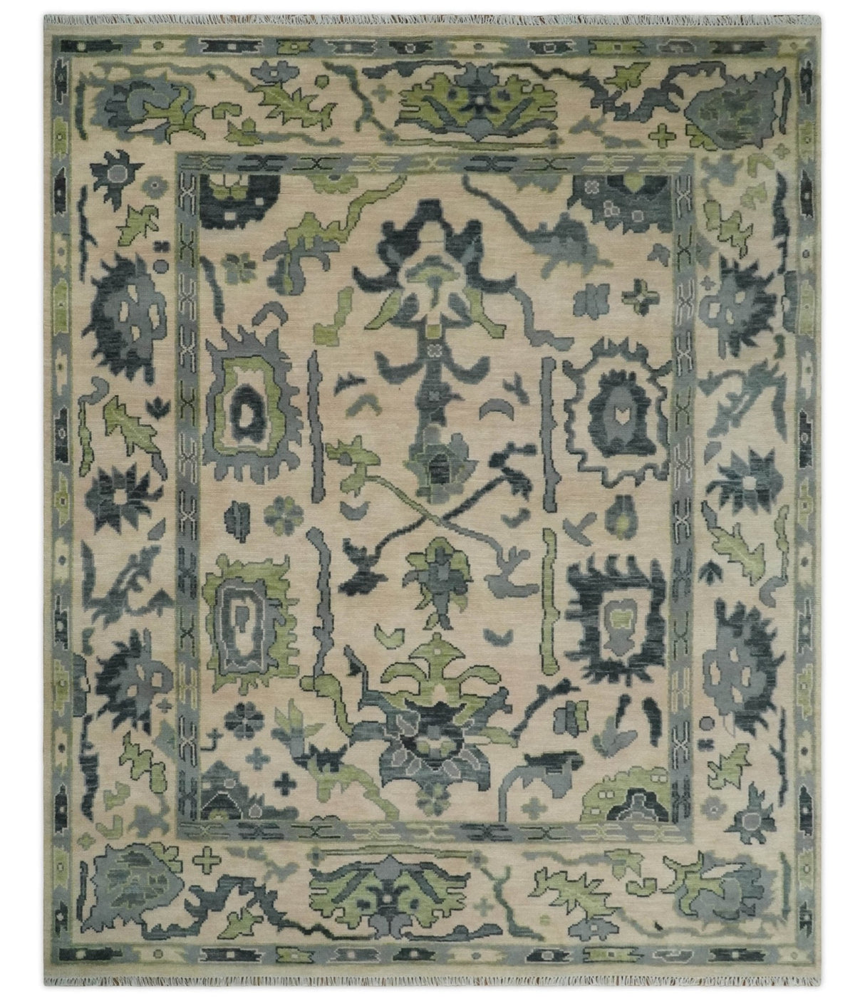 Beige, Charcoal and Green Hand knotted Oushak Traditional Wool Area Rug