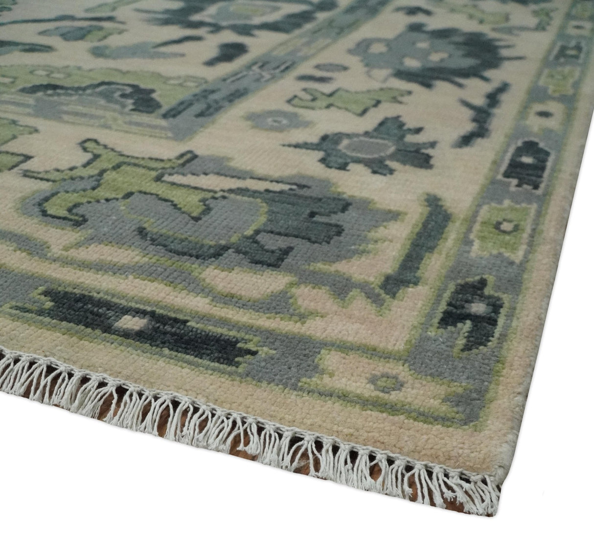 Beige, Charcoal and Green Hand knotted Oushak Traditional Wool Area Rug