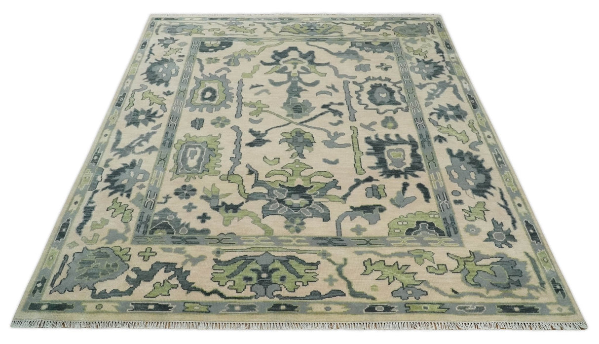 Beige, Charcoal and Green Hand knotted Oushak Traditional Wool Area Rug