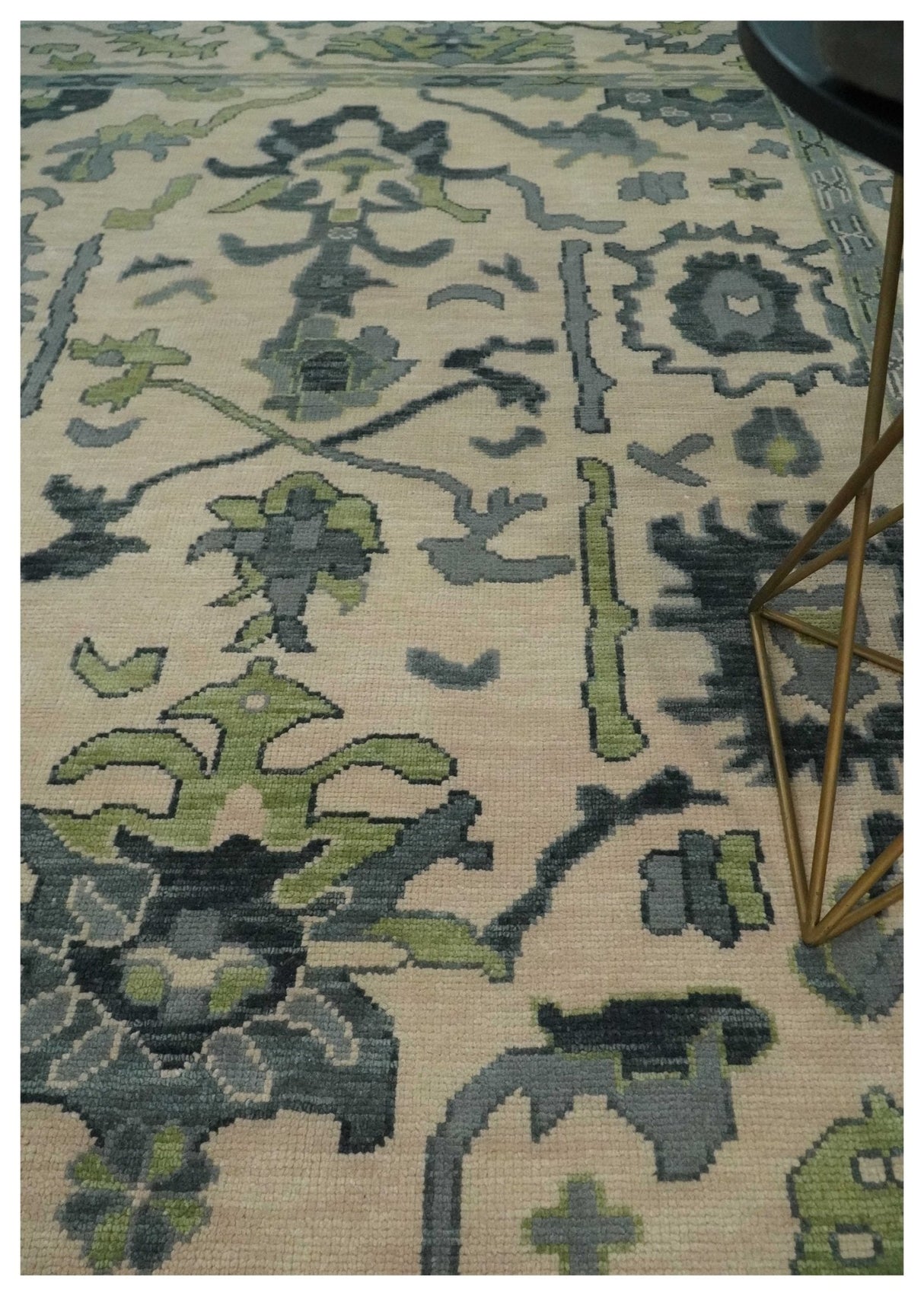 Beige, Charcoal and Green Hand knotted Oushak Traditional Wool Area Rug