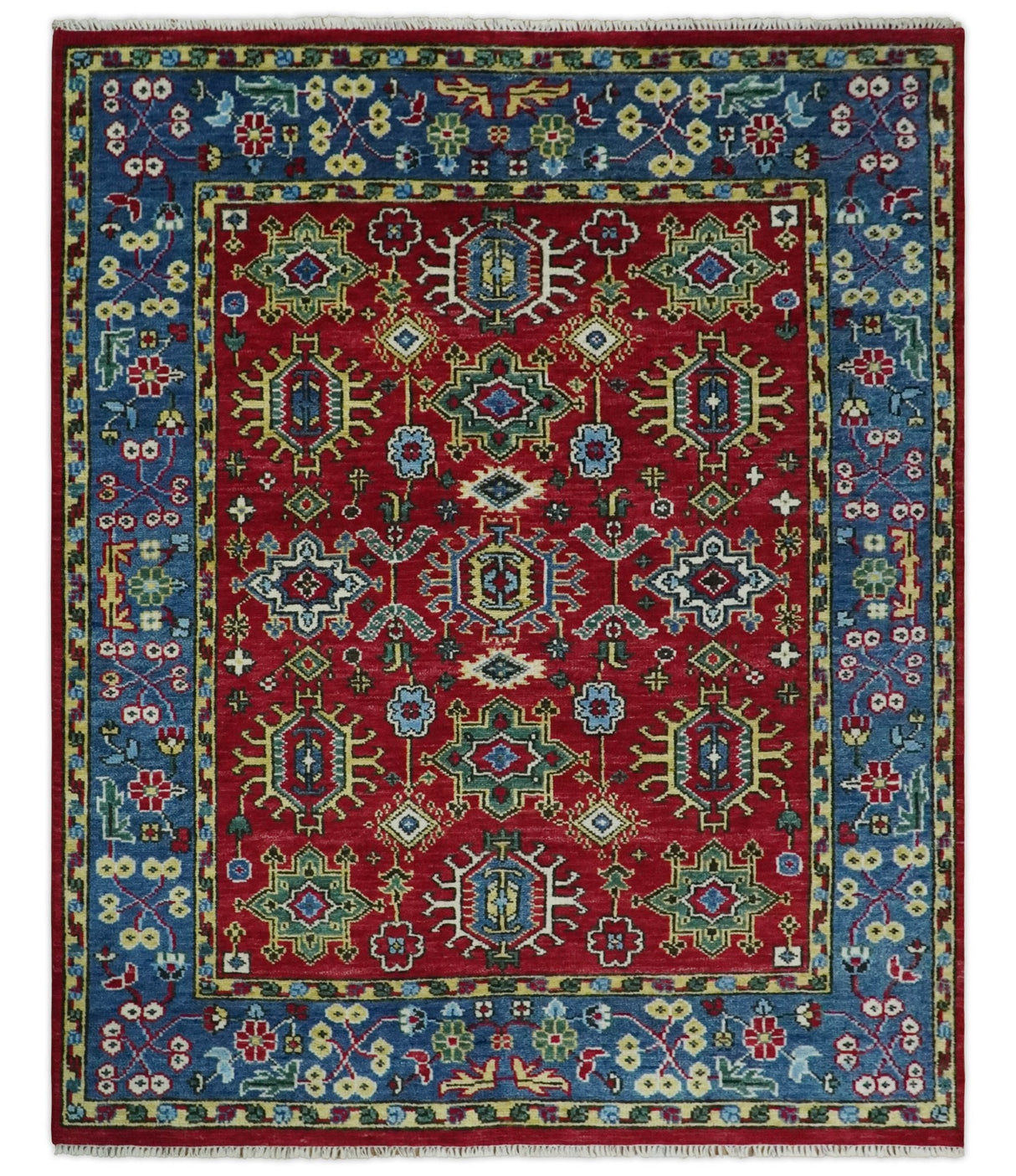 Custom Made Maroon and Blue Antique Turkish Kashgar Hand Knotted Red and Blue Traditional Oushak Wool Area Rug