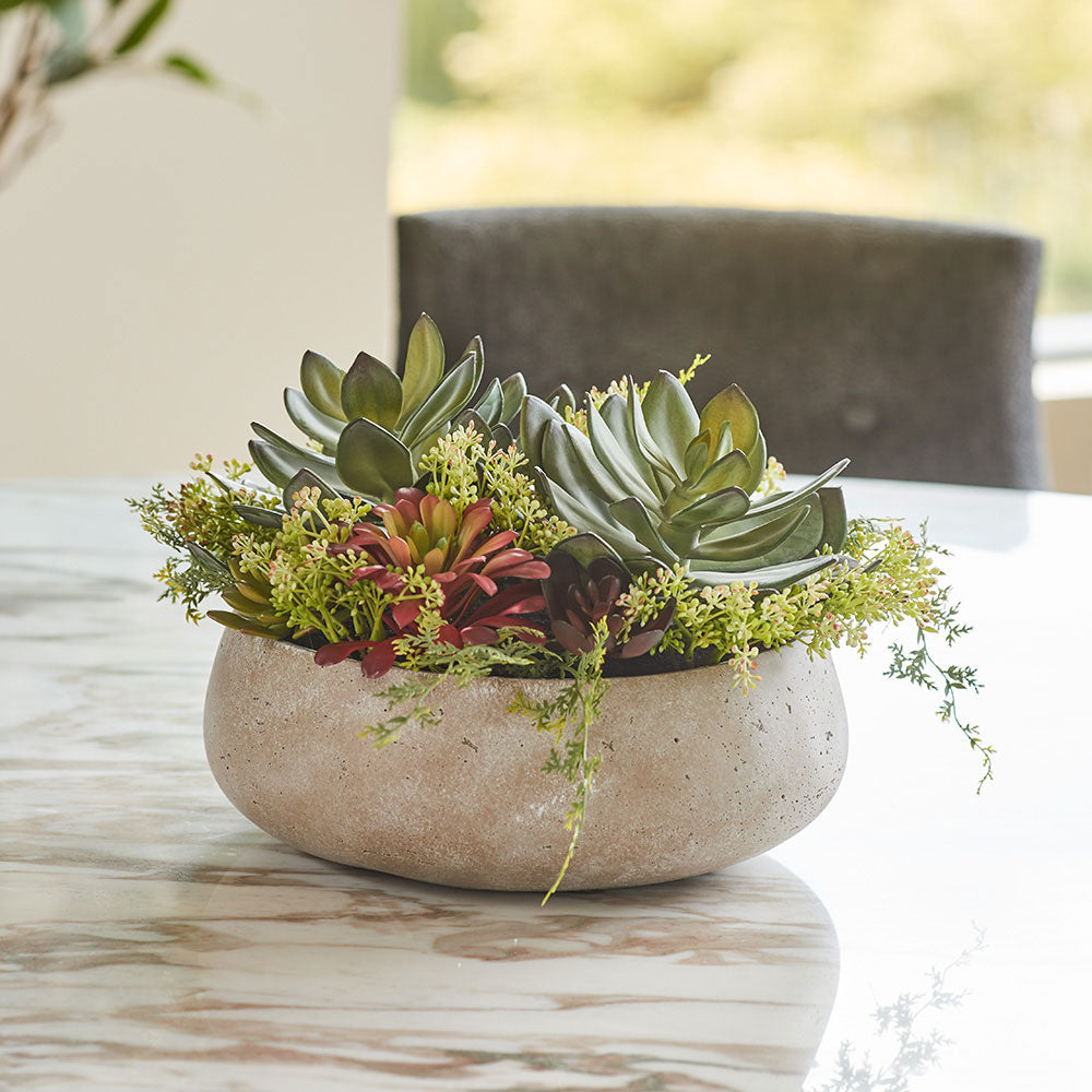 Round Artificial Succulent Arrangement, Natural Planter