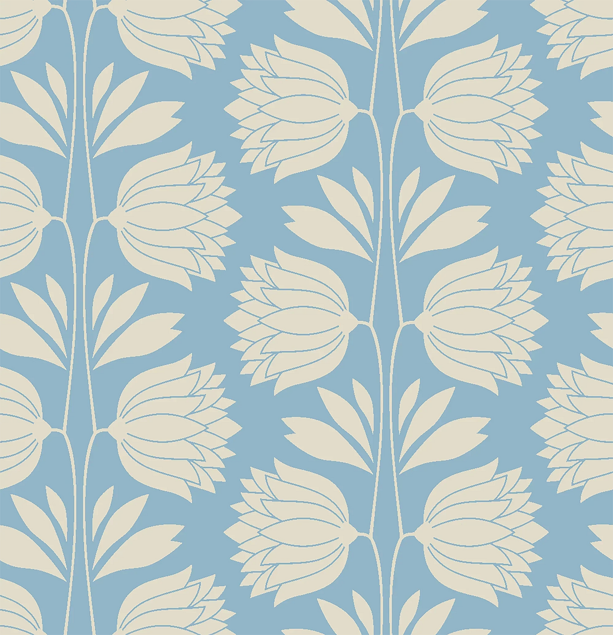 Blue Floral Vintage Wallpaper - Elegant Cream Flower Pattern