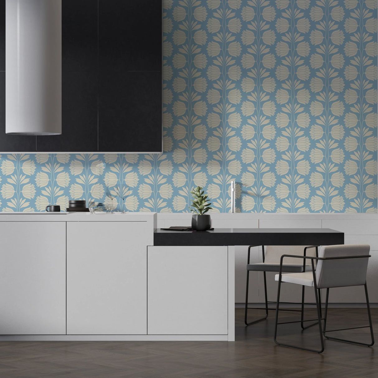 Blue Floral Vintage Wallpaper - Elegant Cream Flower Pattern