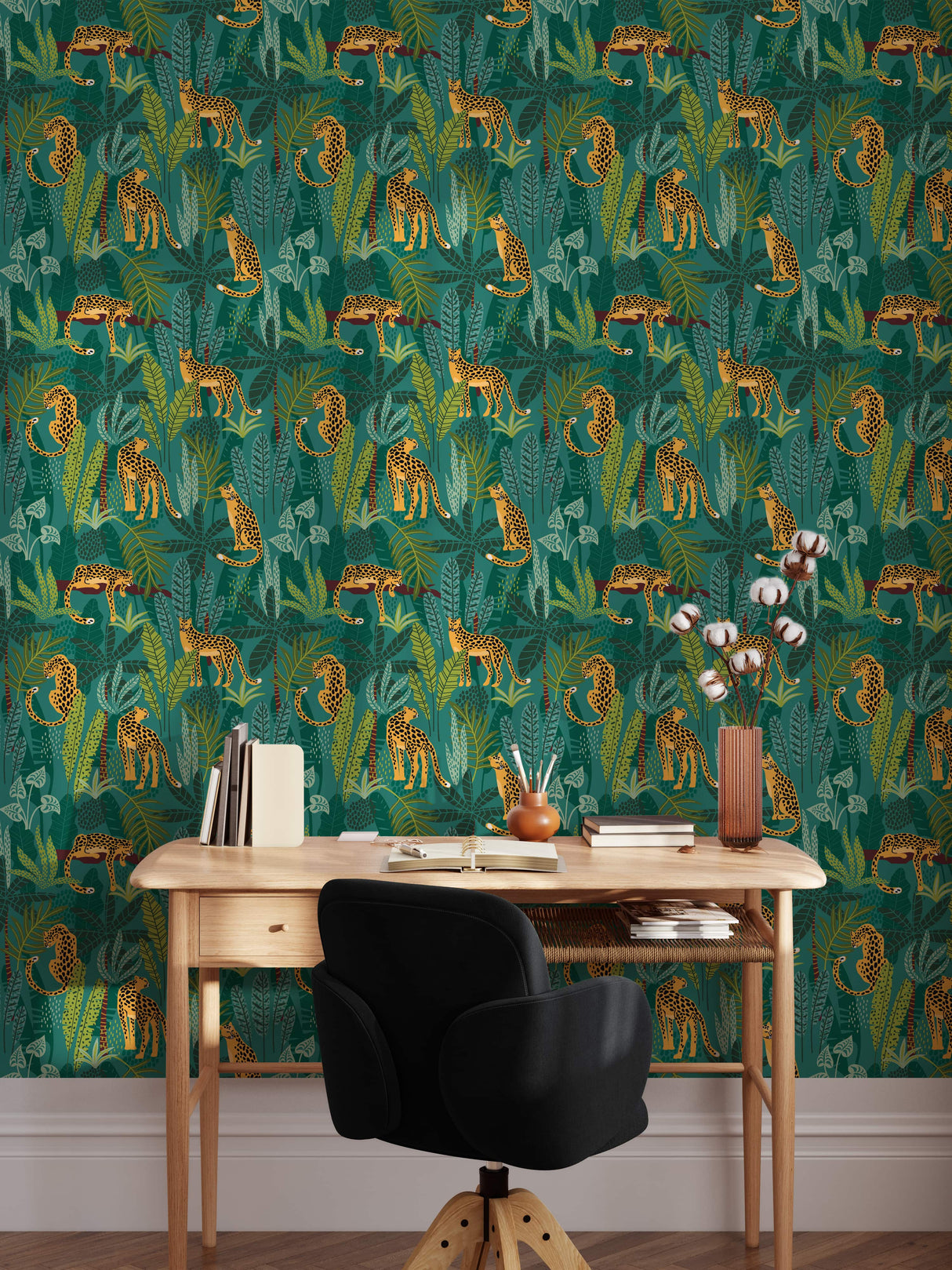 Tropical Leopard Jungle Wallpaper - Bold Leaves & Leopard Print on Green Background