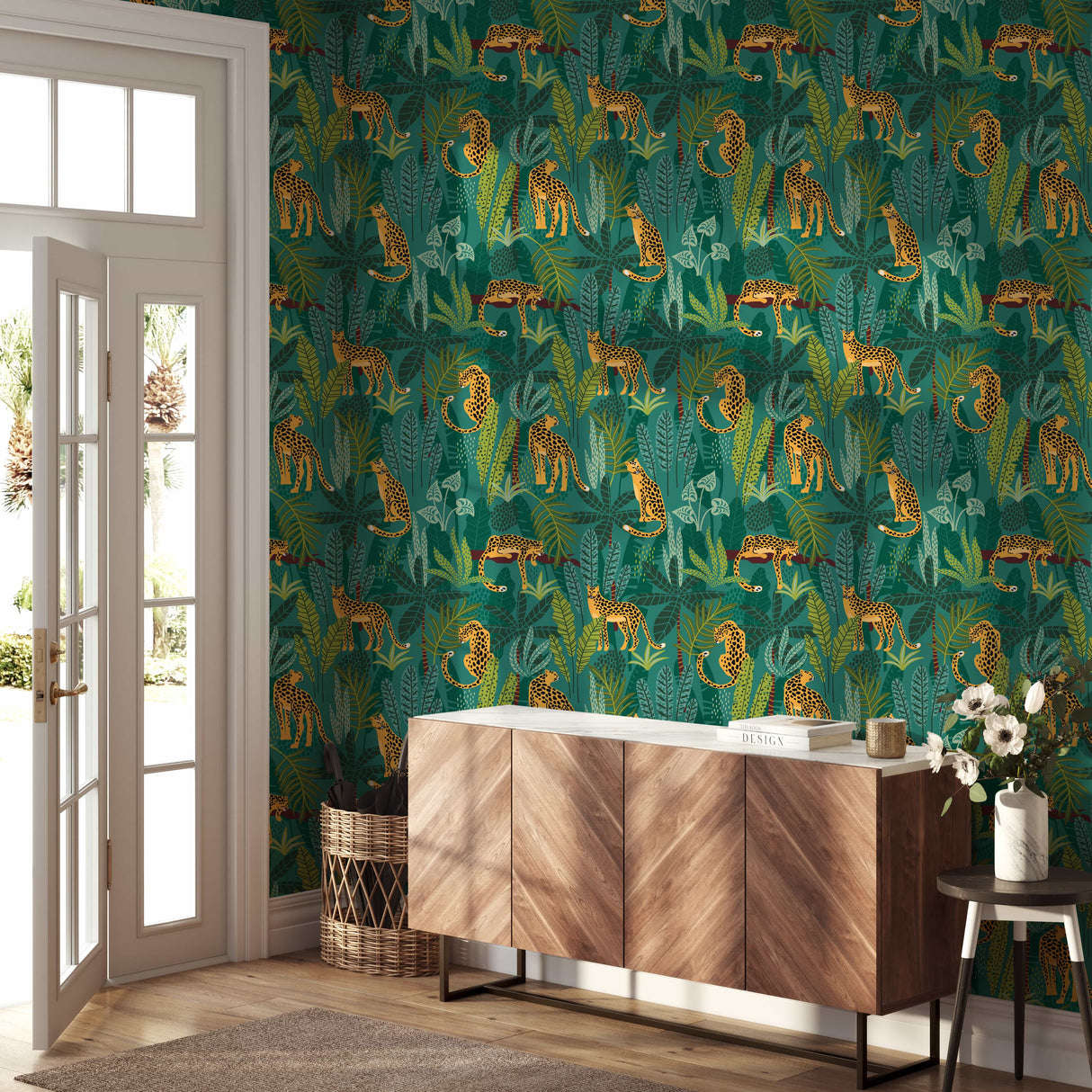 Tropical Leopard Jungle Wallpaper - Bold Leaves & Leopard Print on Green Background