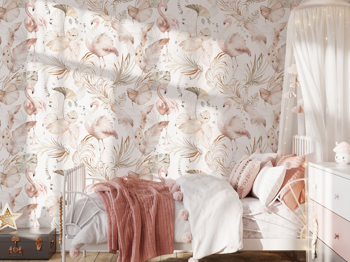 Watercolor Boho Pink Flamingo Wallpaper | Tropical Leaves Background