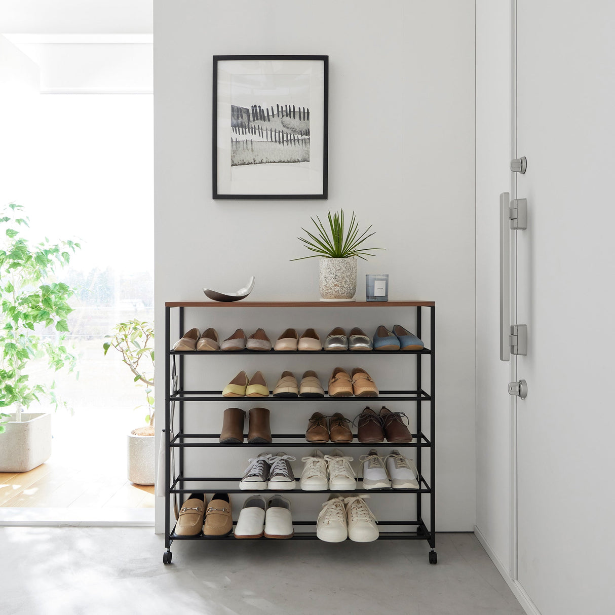 Rolling Five-Tier Shoe Rack (34.25" H) - Steel + Wood