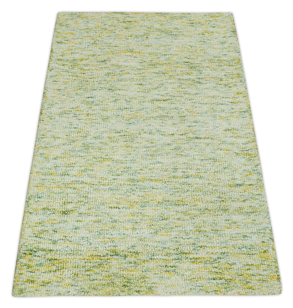 Custom Made Solid Moss Green Ivory and Gold Abstract Hand Tufted Natural Wool Area Rug