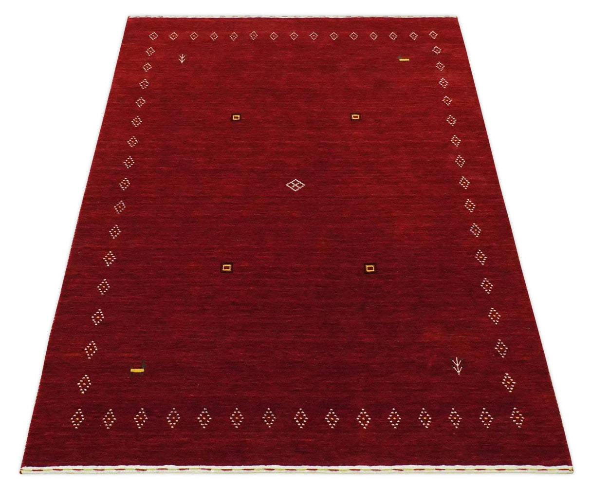 Solid Plain Maroon Geometrical Design Hand loom Custom made wool area Rug
