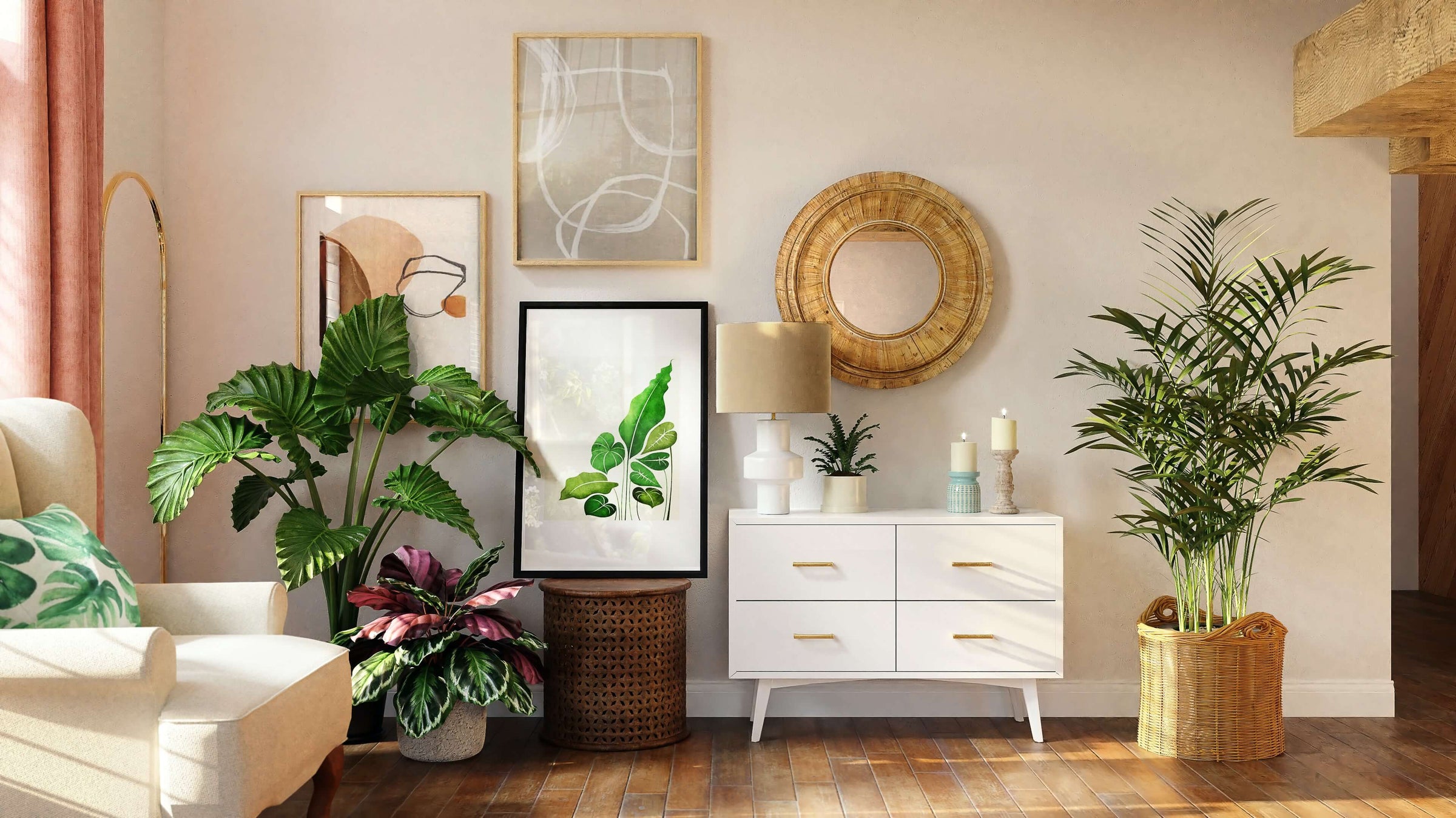Timeless, cozy living room filled with plants, vases, artwork, and home décor