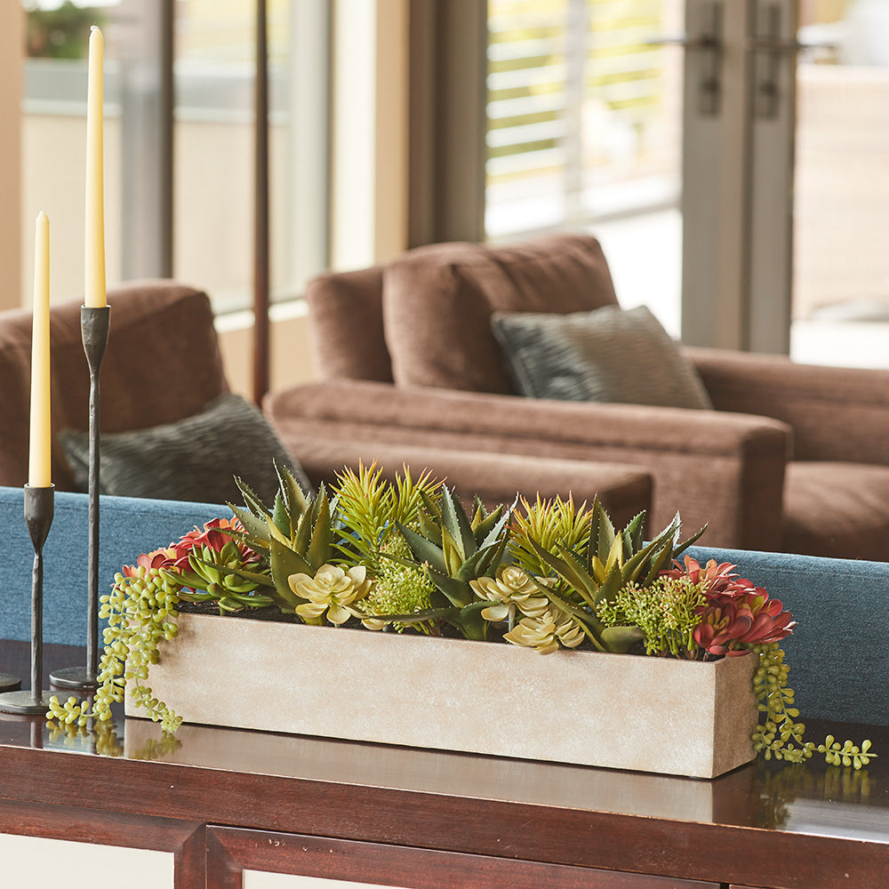 Rectangular Artificial Succulent Arrangement, Natural Planter