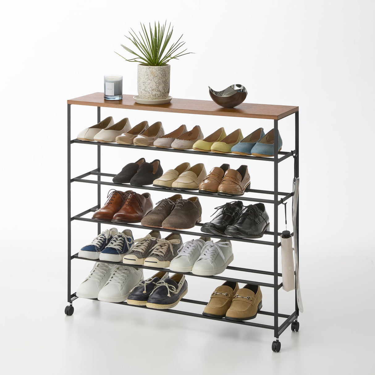 Rolling Five-Tier Shoe Rack (34.25" H) - Steel + Wood