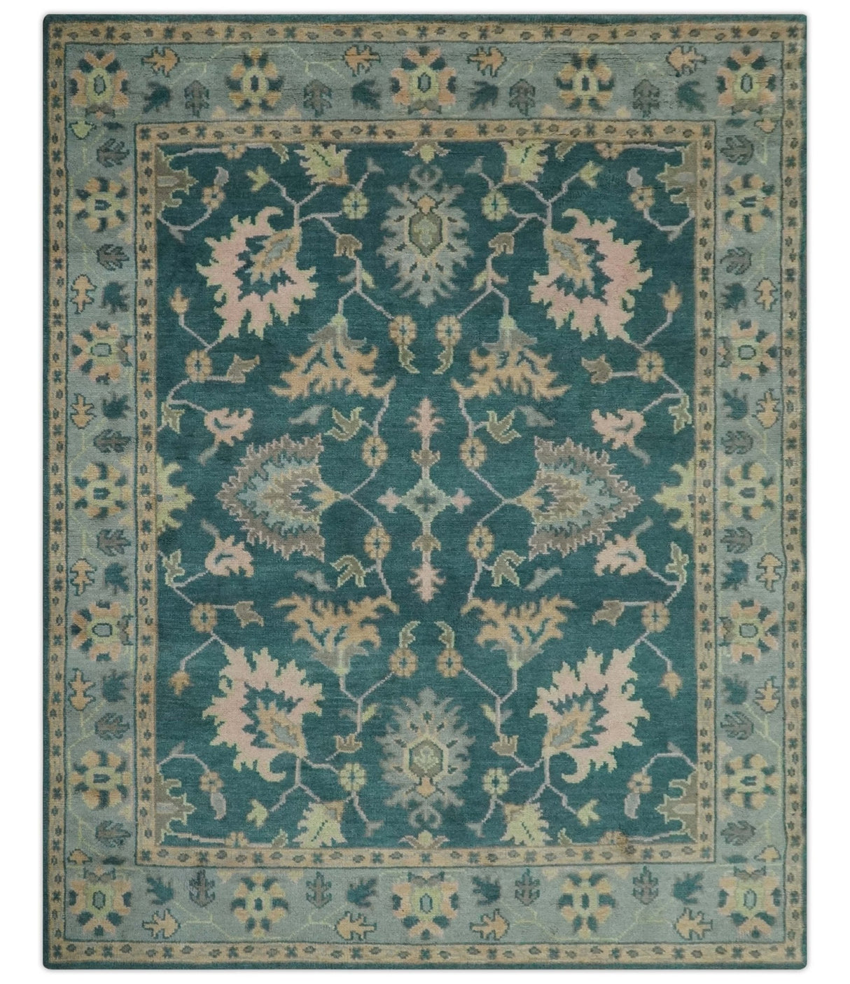Teal, Gray and Beige Hand Knotted Traditional Oushak Custom Made wool Area Rug