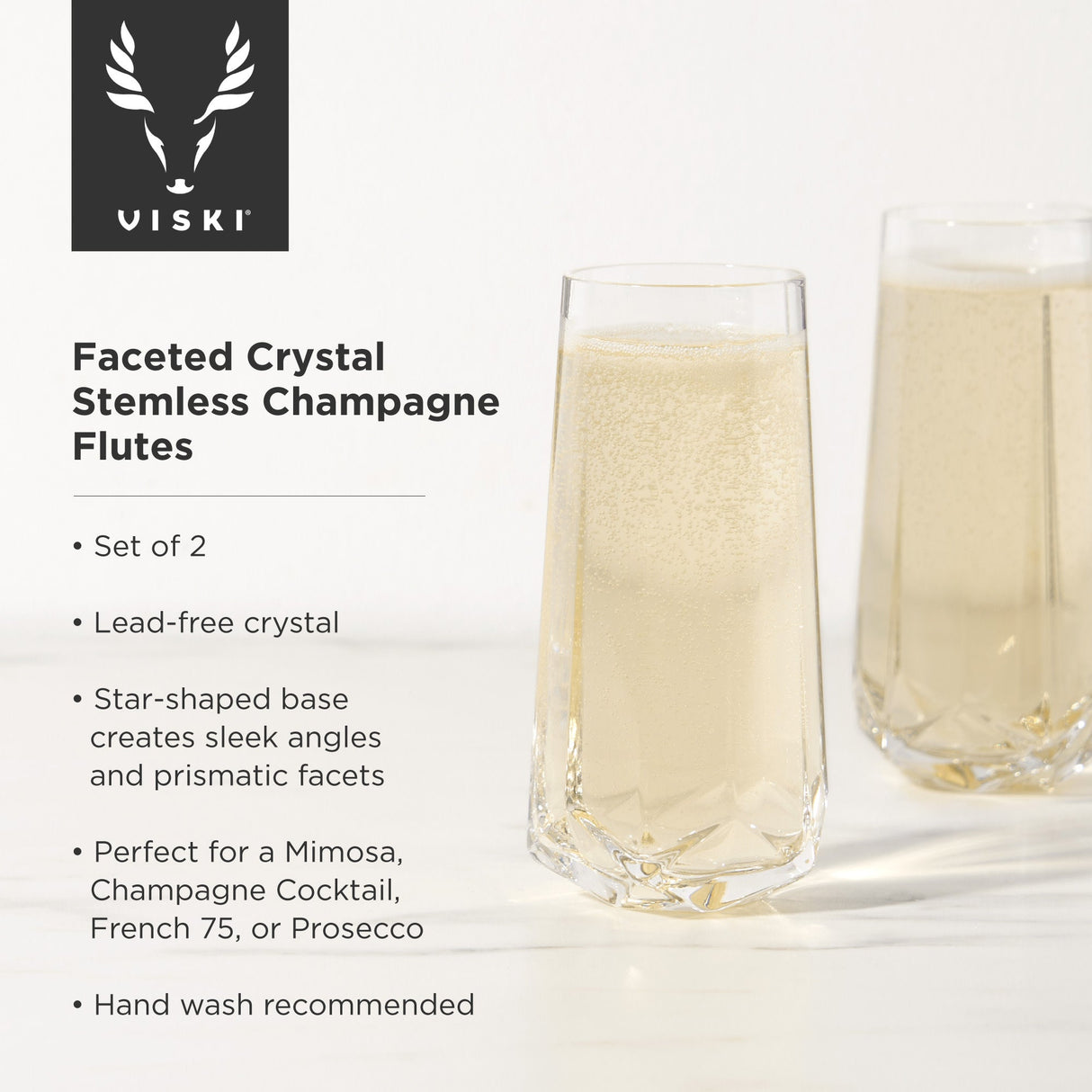 Seneca Faceted Crystal Stemless Champagne Flutes Set of 2