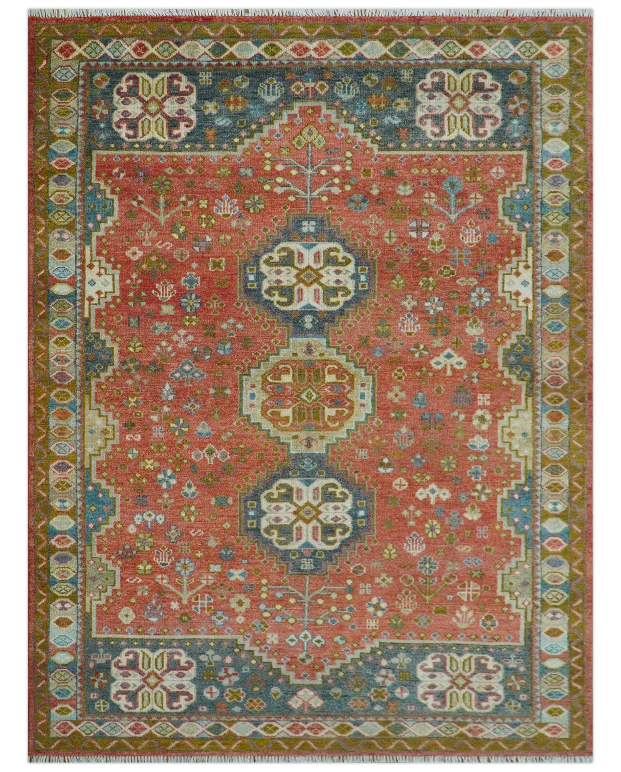 Traditional floral Rust, Charcoal and Beige Mamluk design Custom Made wool Area Rug