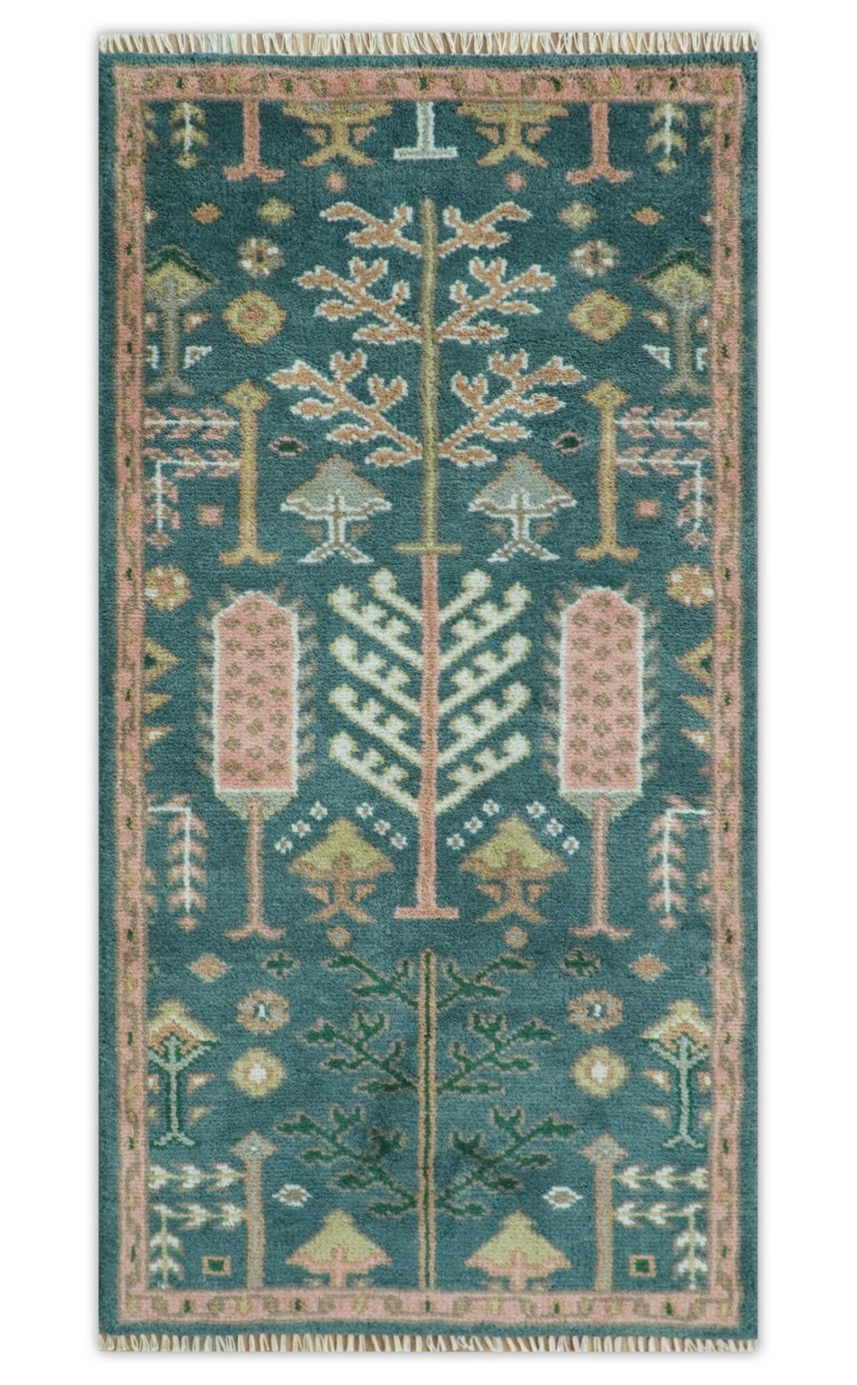 Tree of life Teal, Peach and Olive Hand Knotted Traditional Oushak Custom Made wool area Rug
