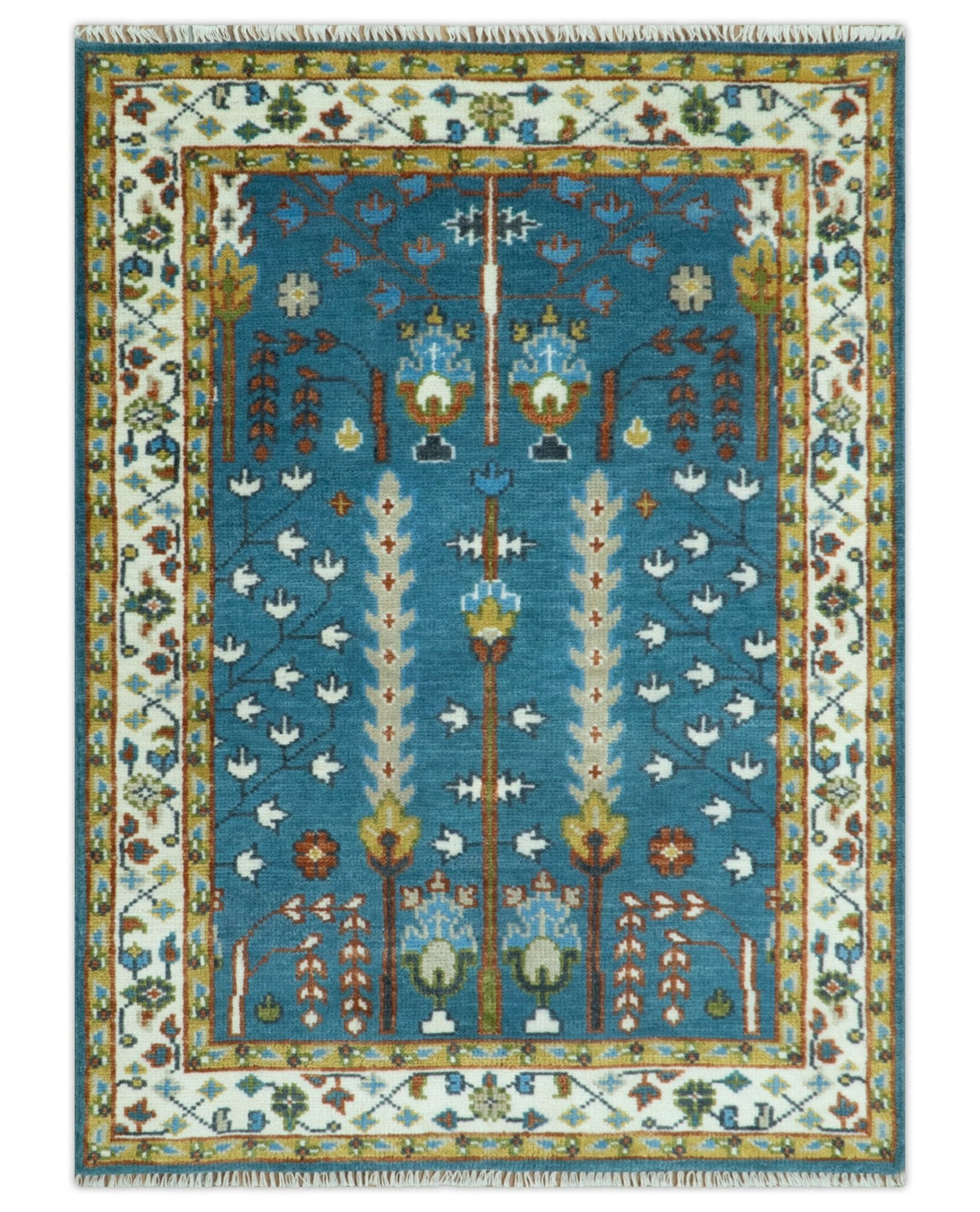 Tree of Life Traditional Hand Knotted Teal Blue and Ivory Custom Made Wool Area Rug