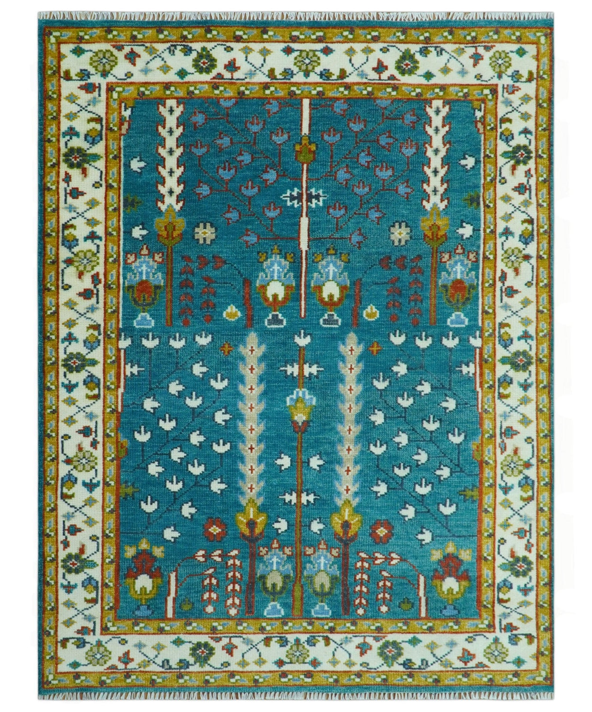 Tree of Life Traditional Hand Knotted Teal Blue and Ivory Custom Made Wool Area Rug