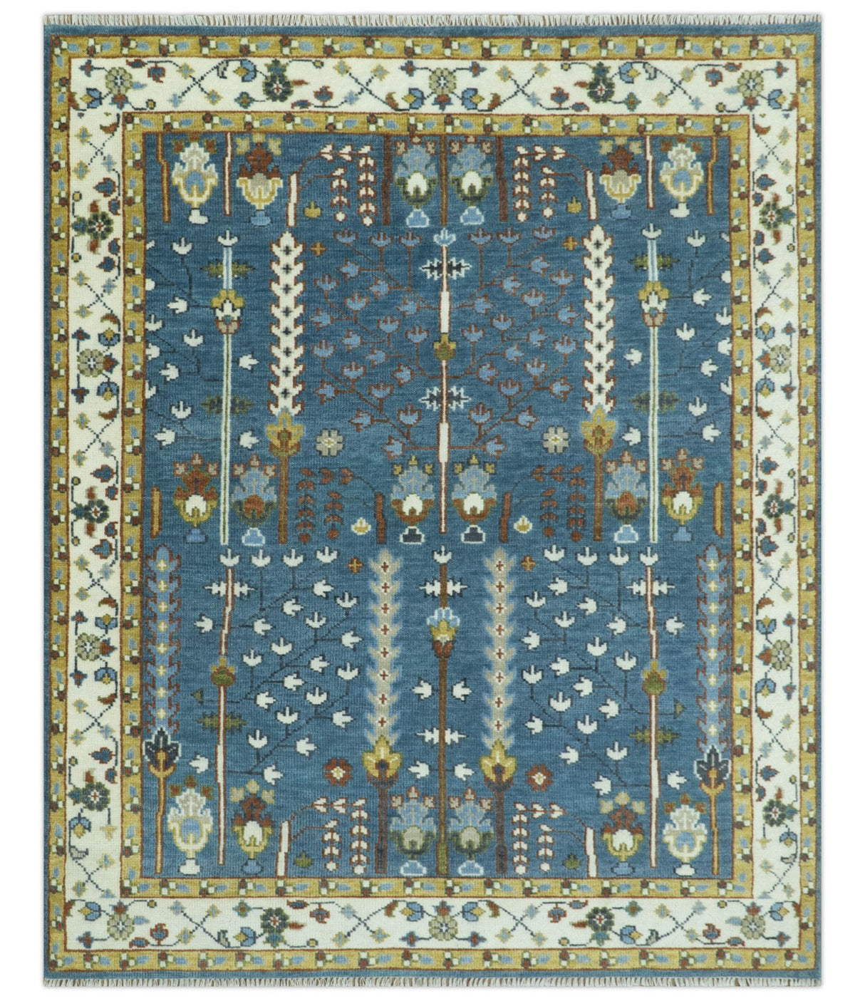 Tree of Life Traditional Hand Knotted Teal Blue and Ivory Custom Made Wool Area Rug