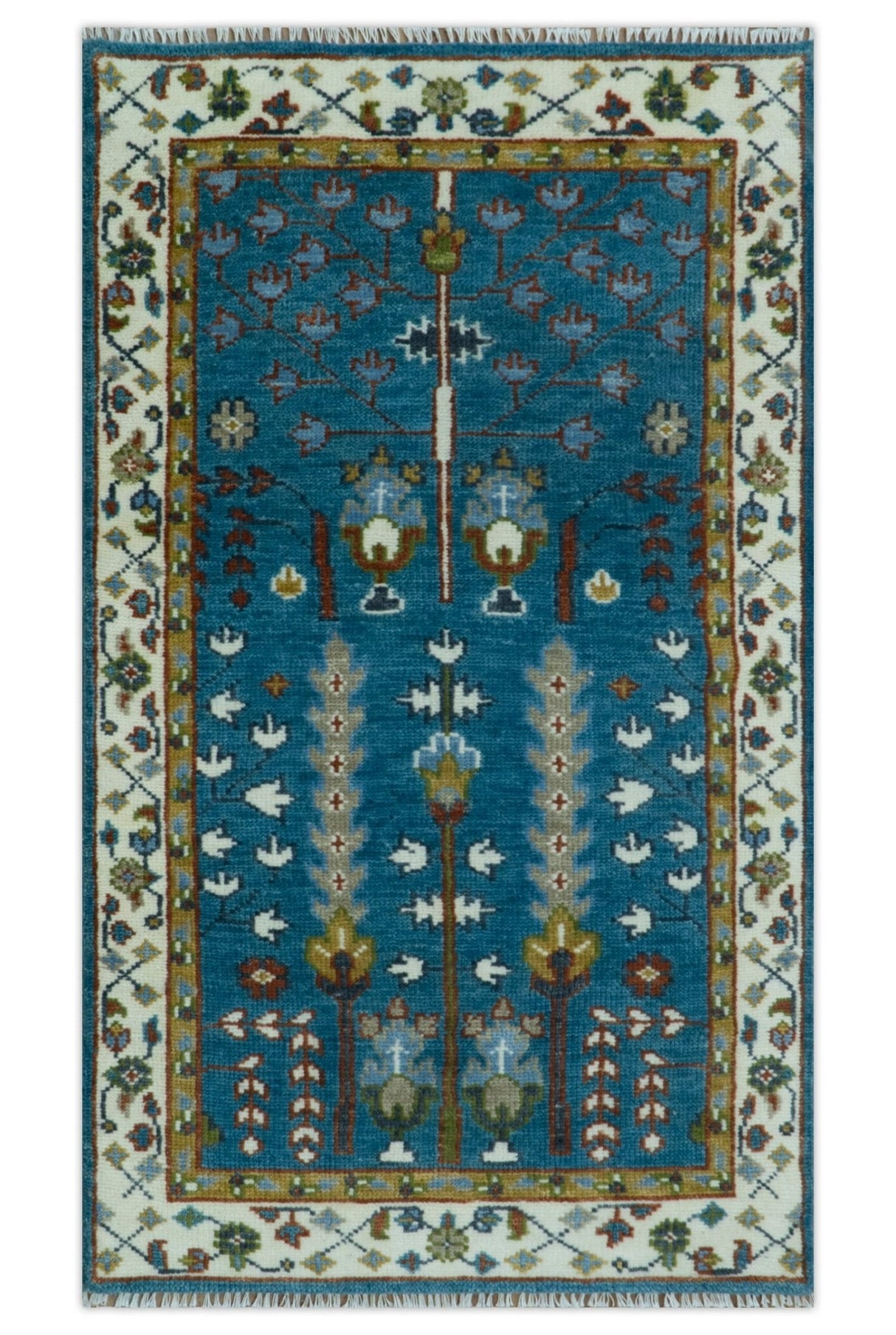 Tree of Life Traditional Hand Knotted Teal Blue and Ivory Custom Made Wool Area Rug