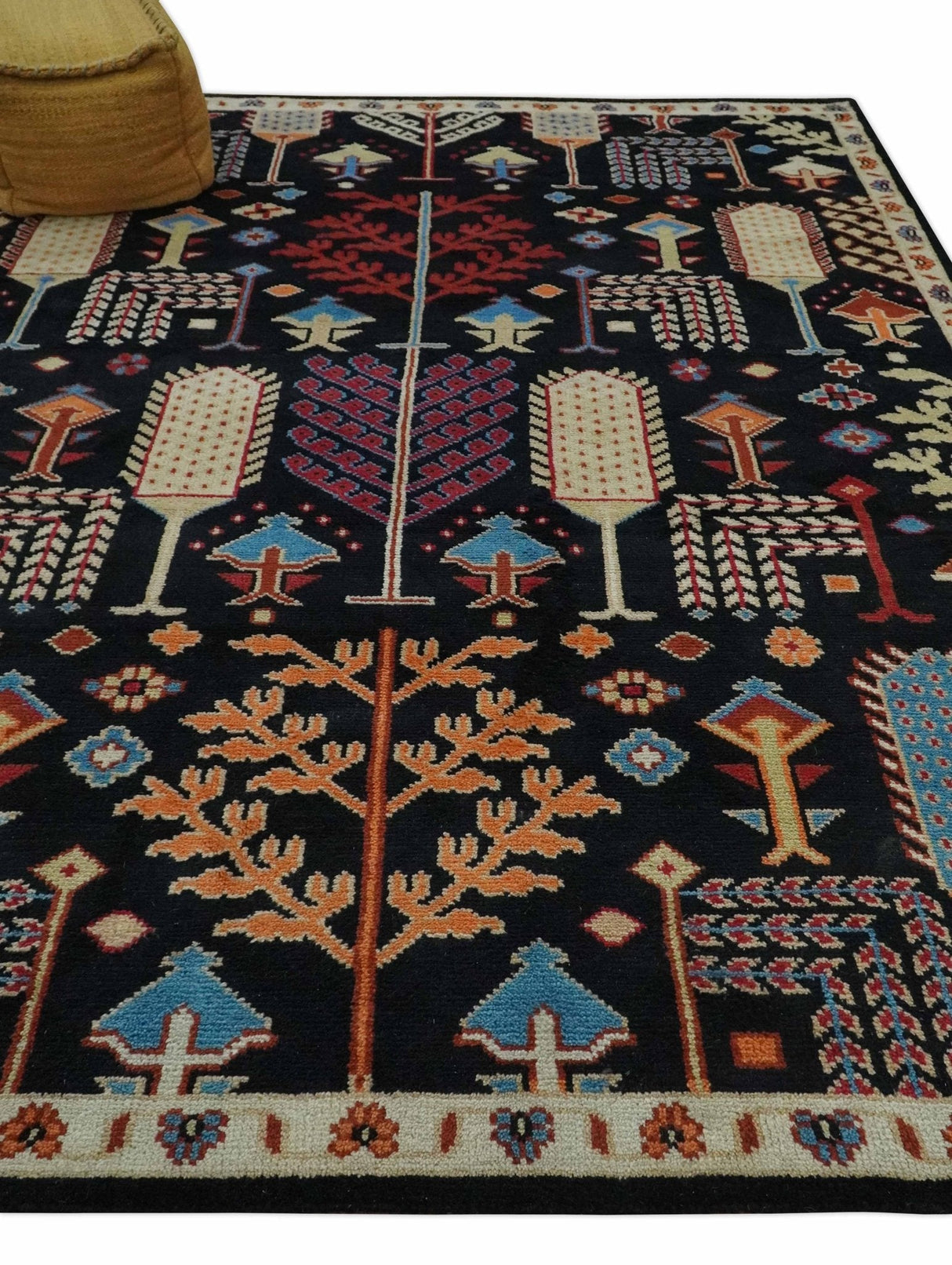 Tree of life Vibrant colorful Black, Beige, Peach and Blue Hand Knotted Traditional Oushak Custom Made wool area Rug