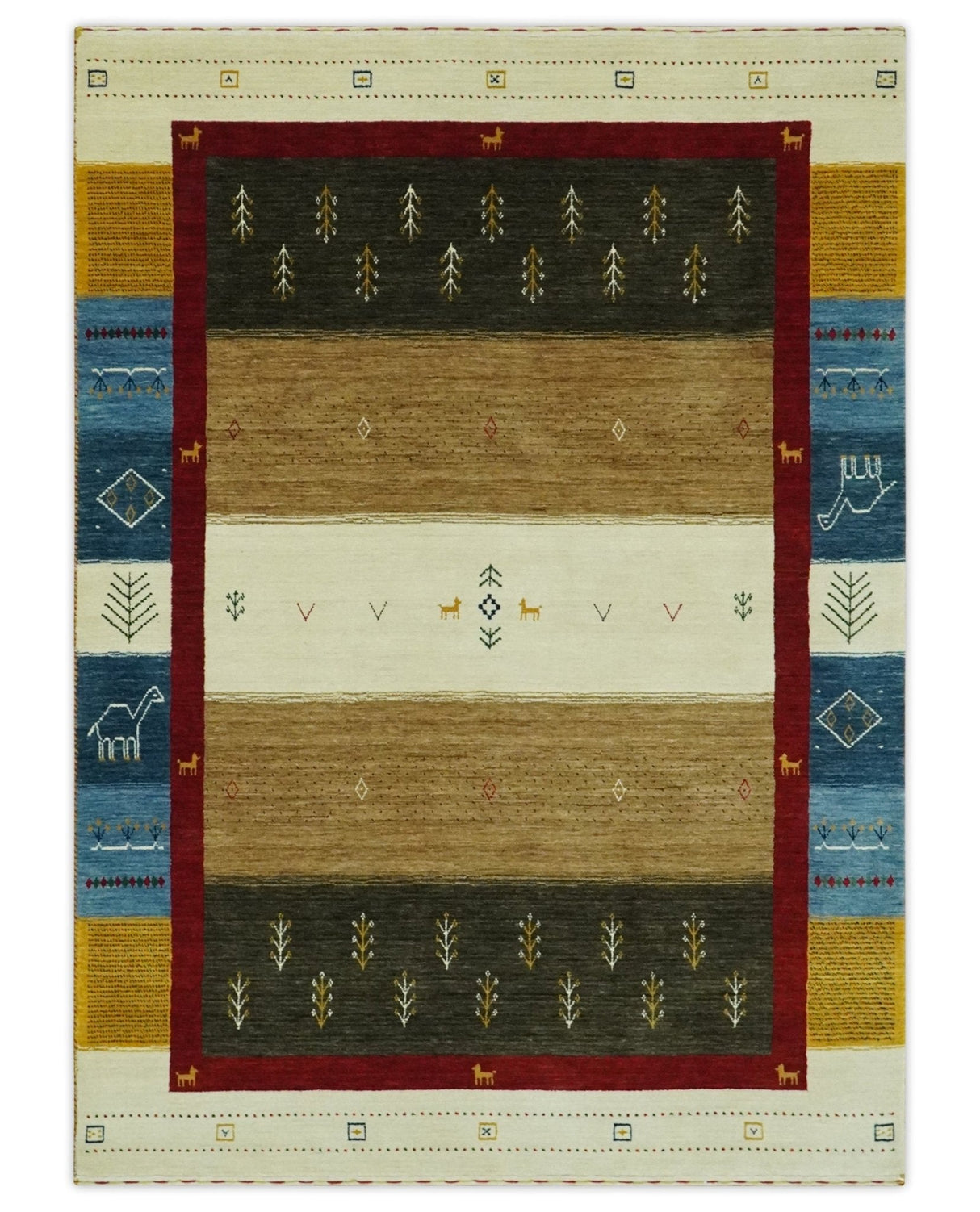 Tribal Gabbeh Gold, Ivory, Blue and Charcoal Stripes design Custom Made Wool Rug