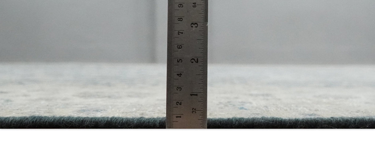 Custom Made Vintage Style Hand Knotted Traditional Blue and Beige Antique Textured Low Pile Distressed Wool Rug