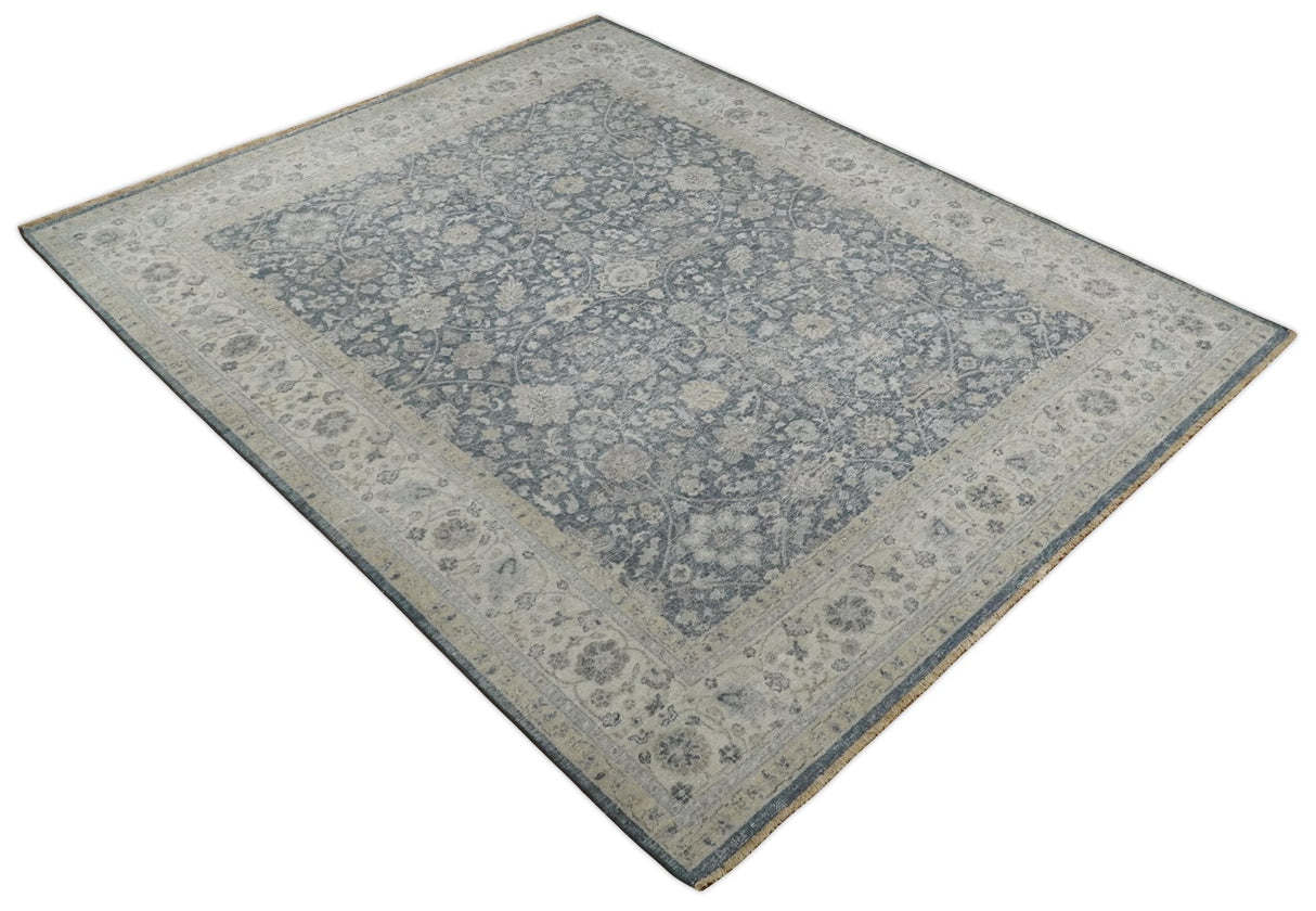Custom Made Vintage Style Hand Knotted Traditional Blue and Beige Antique Textured Low Pile Distressed Wool Rug