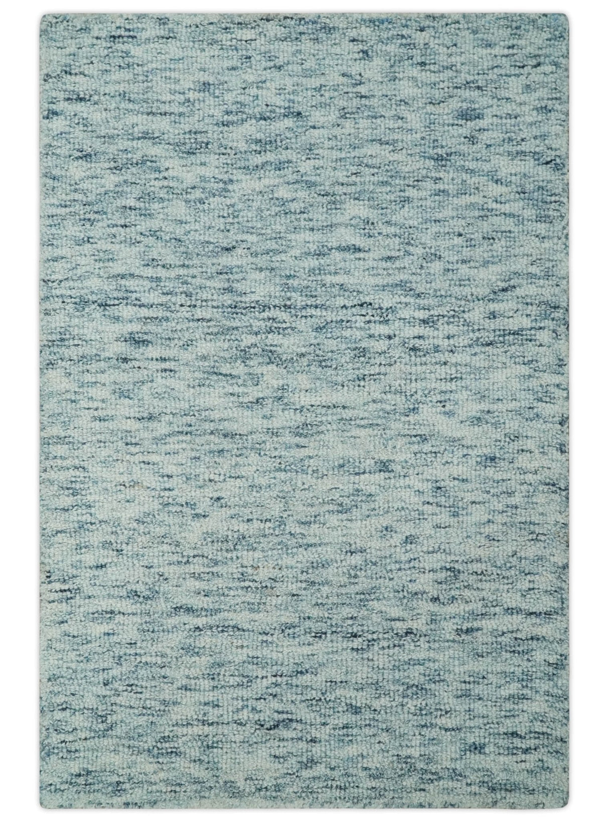 Custom Made Ivory and Blue Abstract Hand Tufted Natural Wool Area Rug