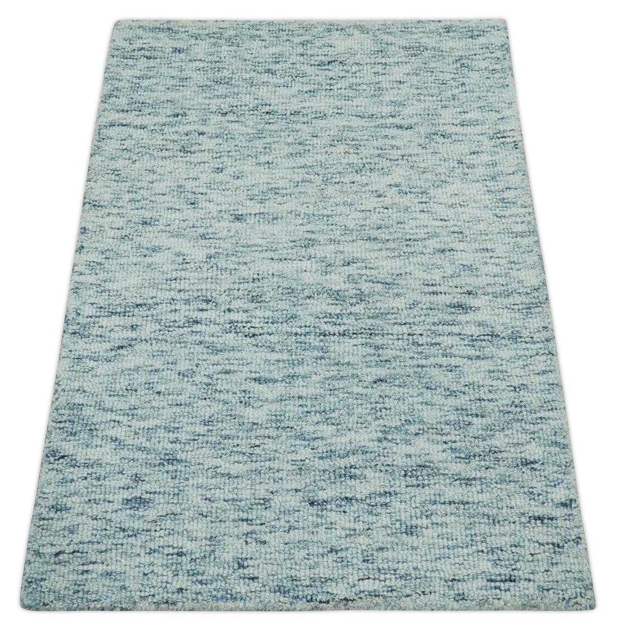 Custom Made Ivory and Blue Abstract Hand Tufted Natural Wool Area Rug