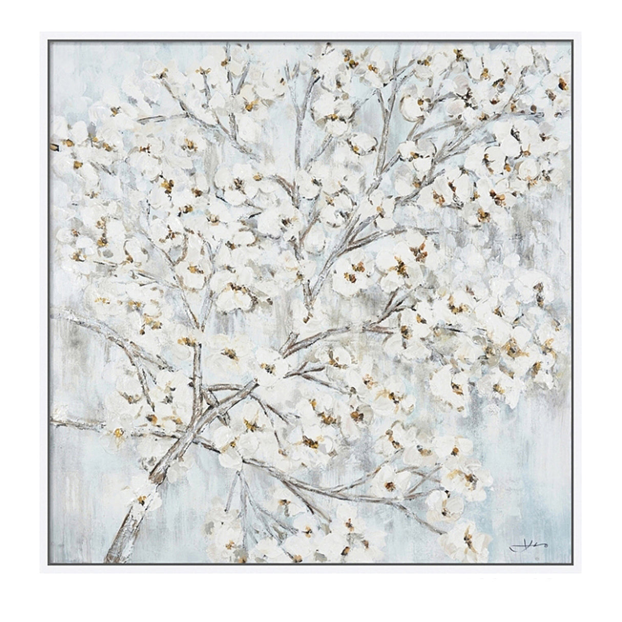 Hand Painted Acrylic Wall Art White Flower Tree on a 39 x 39 Square Canvas with a White Wooden Frame