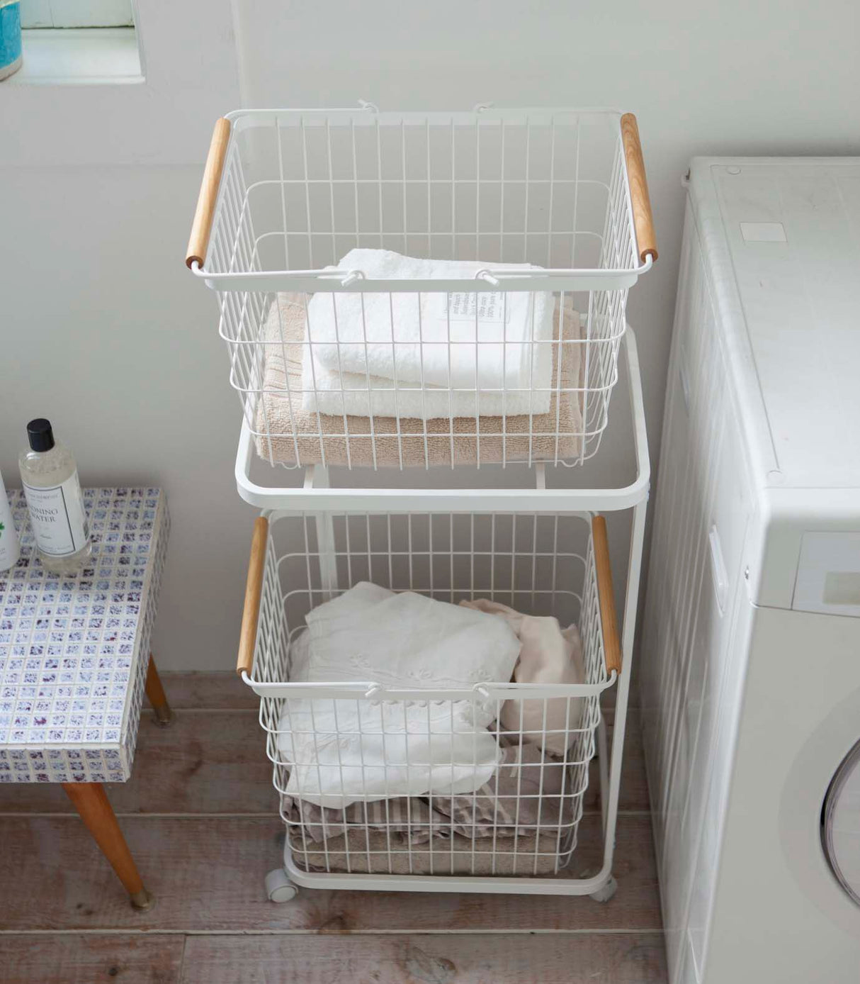 Rolling Laundry Cart + Wire Baskets (38" H) - Steel + Wood