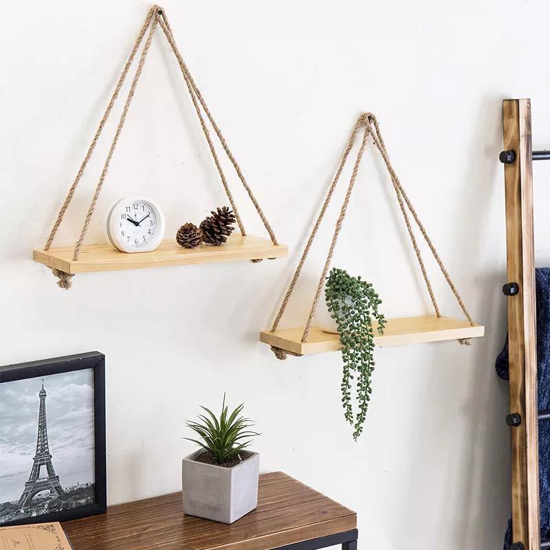 Wooden Rope Swing Wall-Mounted Shelf Tan