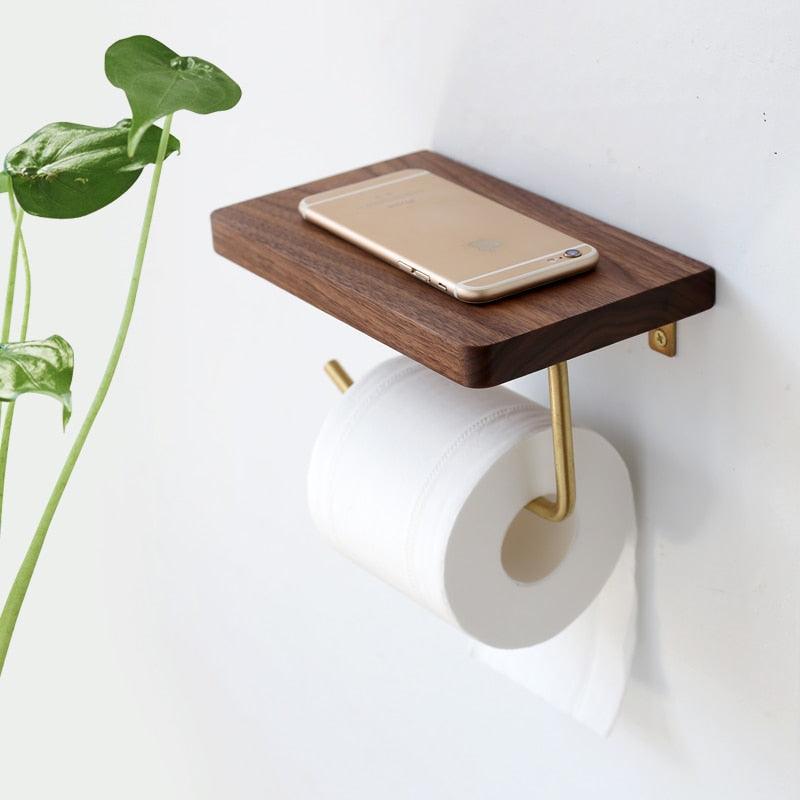 Wood Toilet Paper Holder With Shelf Walnut Toilet Roll Holder Minimal  Bathroom Decor 