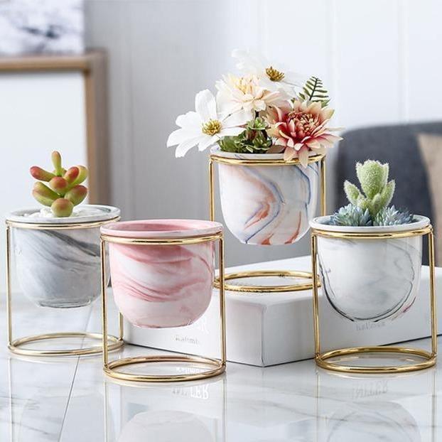 Marbled Ceramic Planter with Gold Metal Plant Stand | Sage & Sill