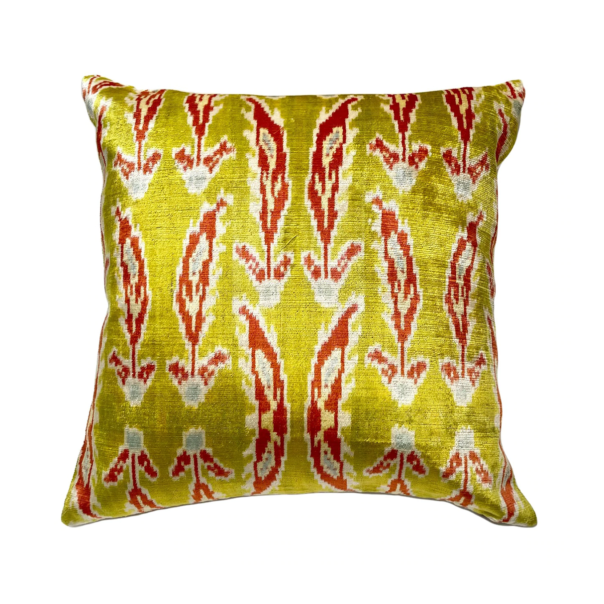 Silk Velvet Ikat Pillow - Chartreuse, Rusty Orange 16x16