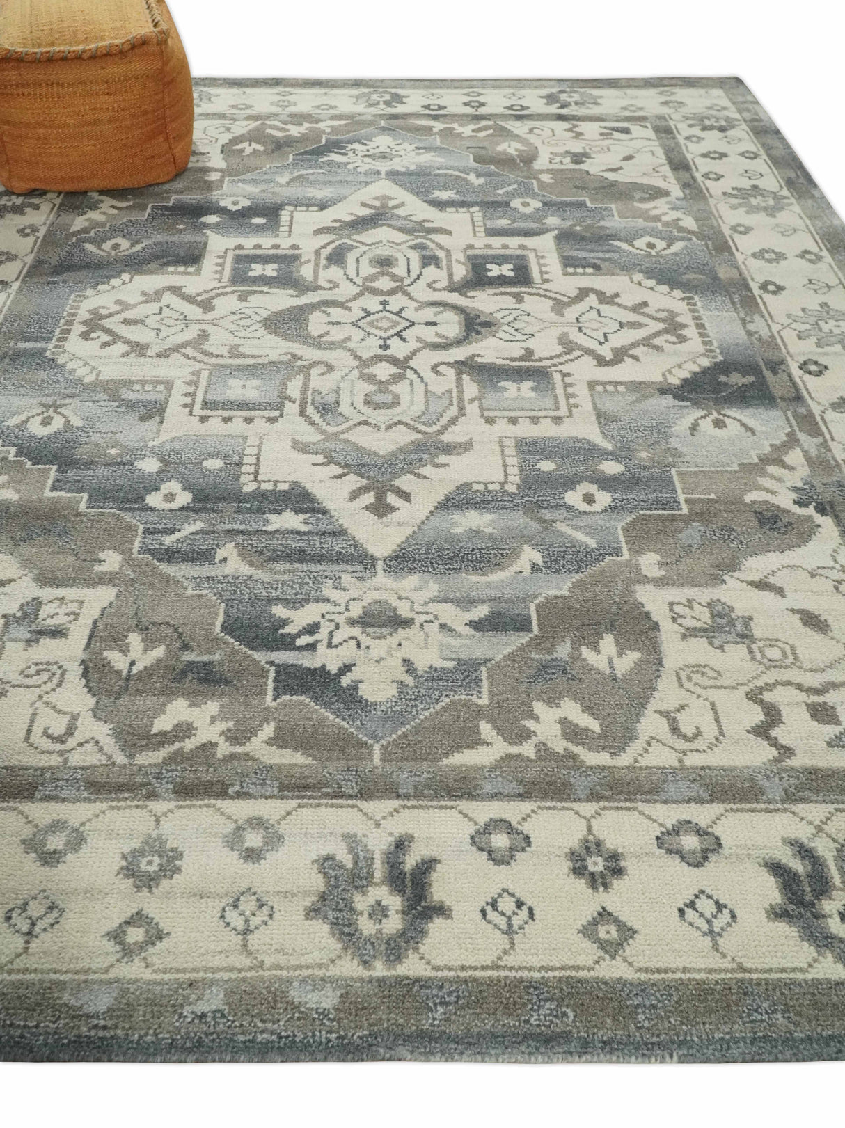 Custom Made Hand Knotted Ivory, Charcoal and Gray Traditional Medallion Natural Wool Area Rug, Kids, Living Room and Bedroom Rug