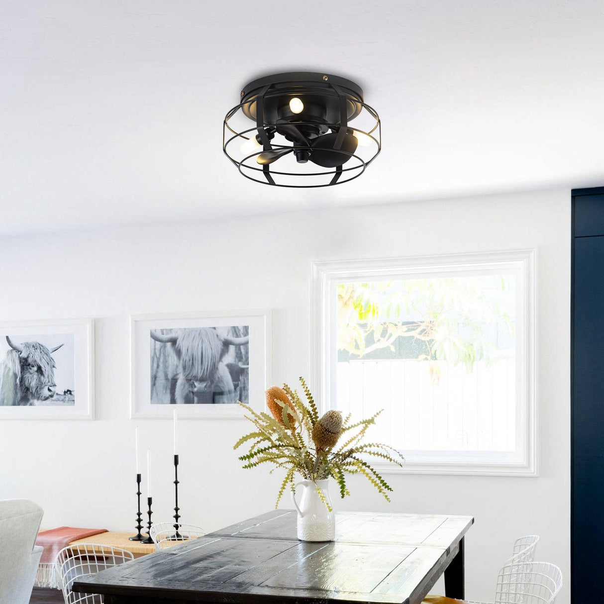 12" Flush Mount Low Profile Caged Small Ceiling Fan with Light and Remote Control