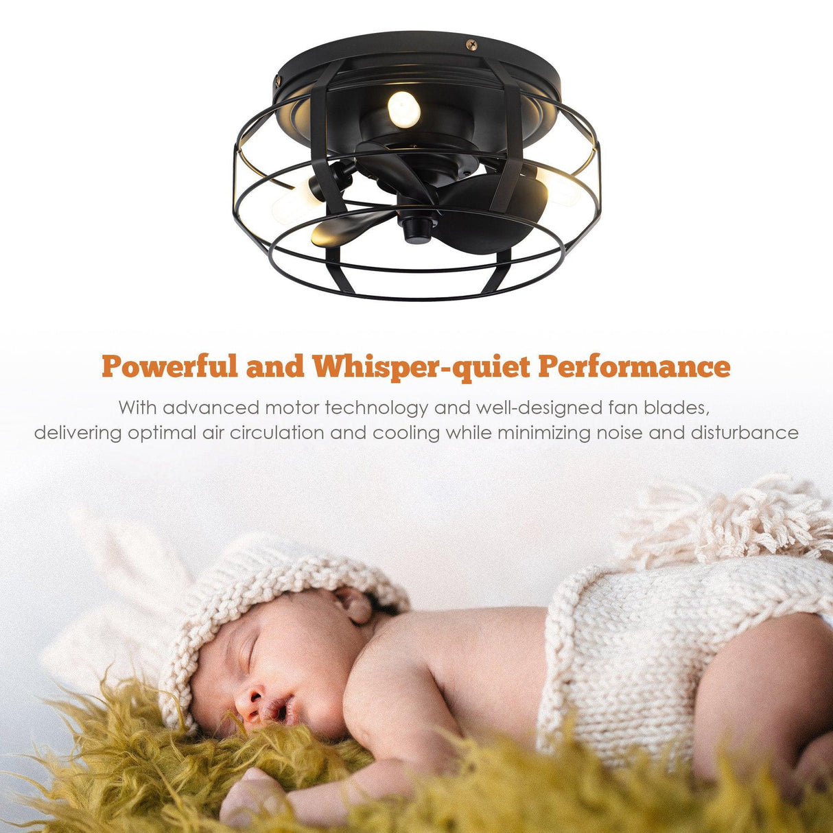 12" Flush Mount Low Profile Caged Small Ceiling Fan with Light and Remote Control