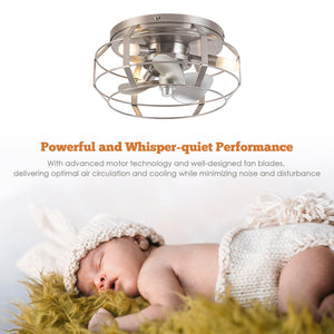 12" Flush Mount Low Profile Caged Small Ceiling Fan with Light and Remote Control