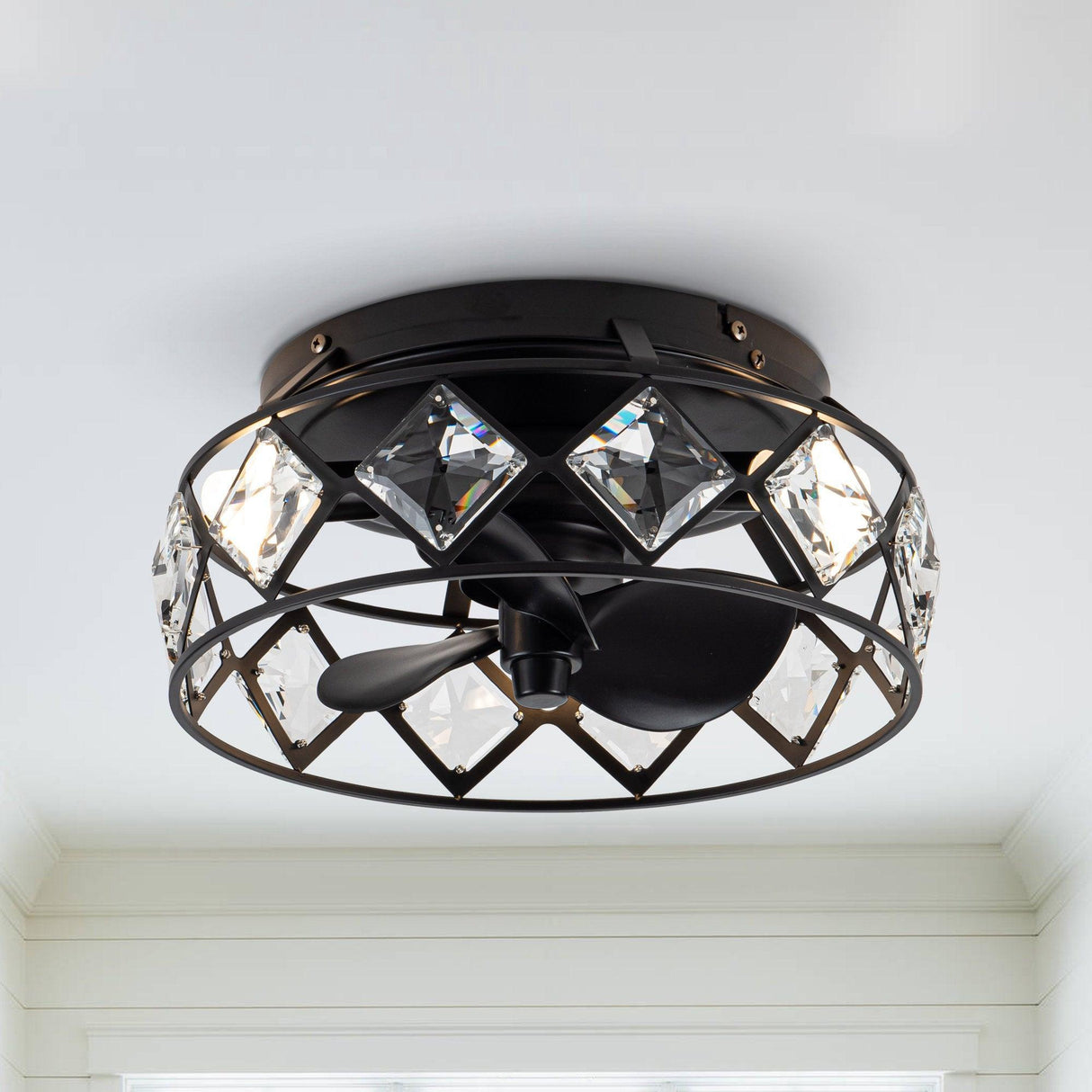 13" Srinager Modern DC Motor Flush Mount Reversible Crystal Ceiling Fan with Lighting and Remote Control
