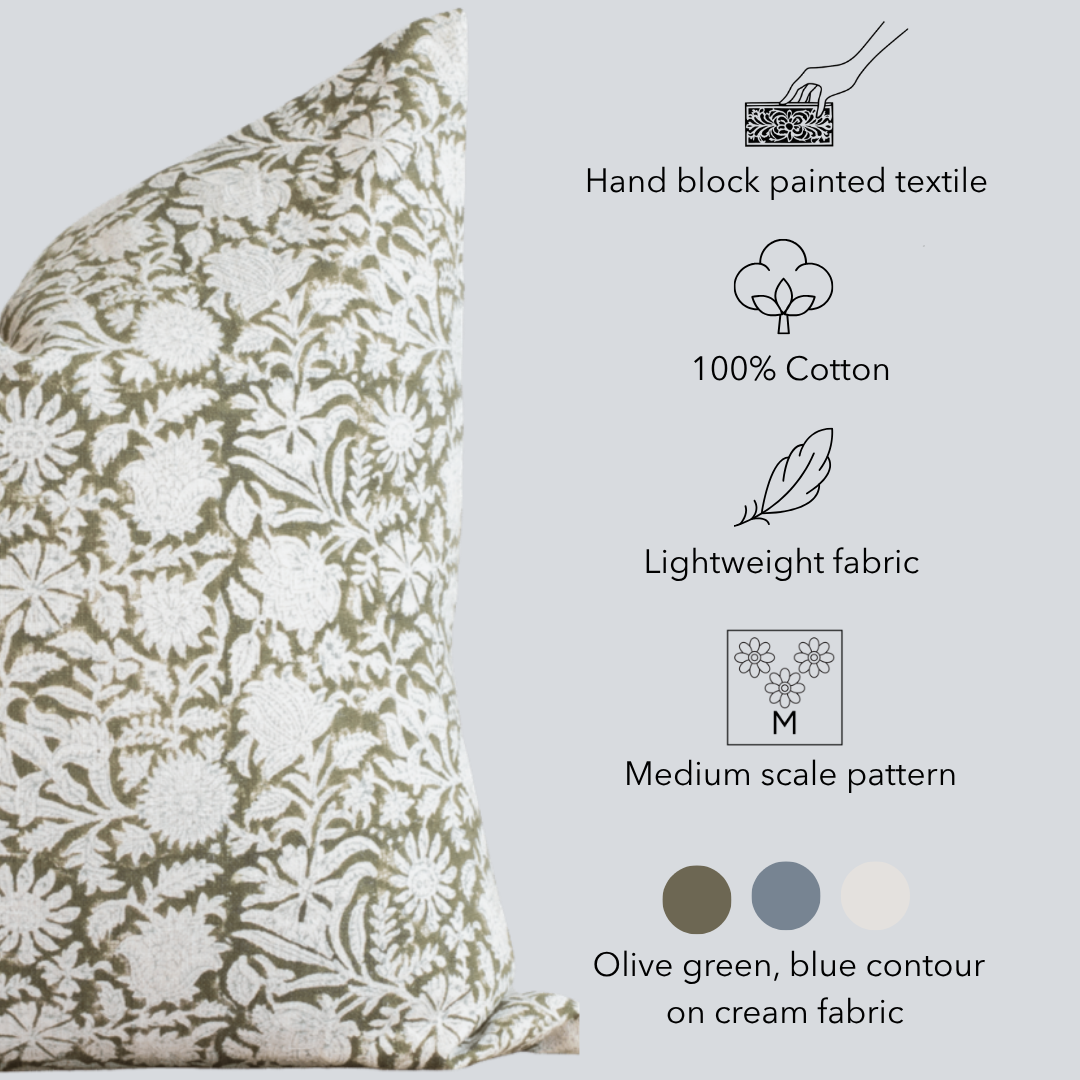 Jardim Floral Block Printed Pillow Cover | Olive