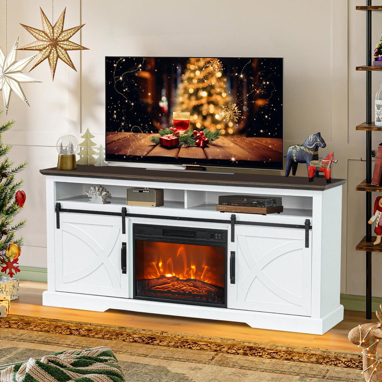 68" Farmhouse TV Stand with 23" Insert Opening Electric Fireplace