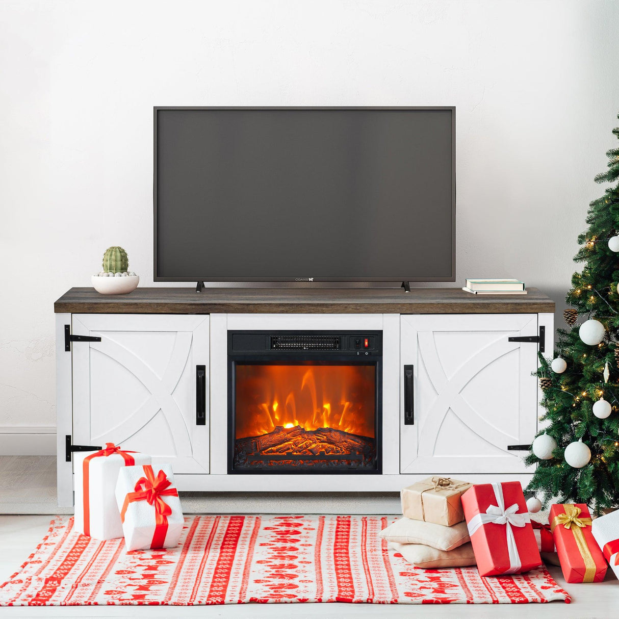 Modern White Electric Fireplace TV Stand For 58 Inch TV Storage Cabinet For Living Room