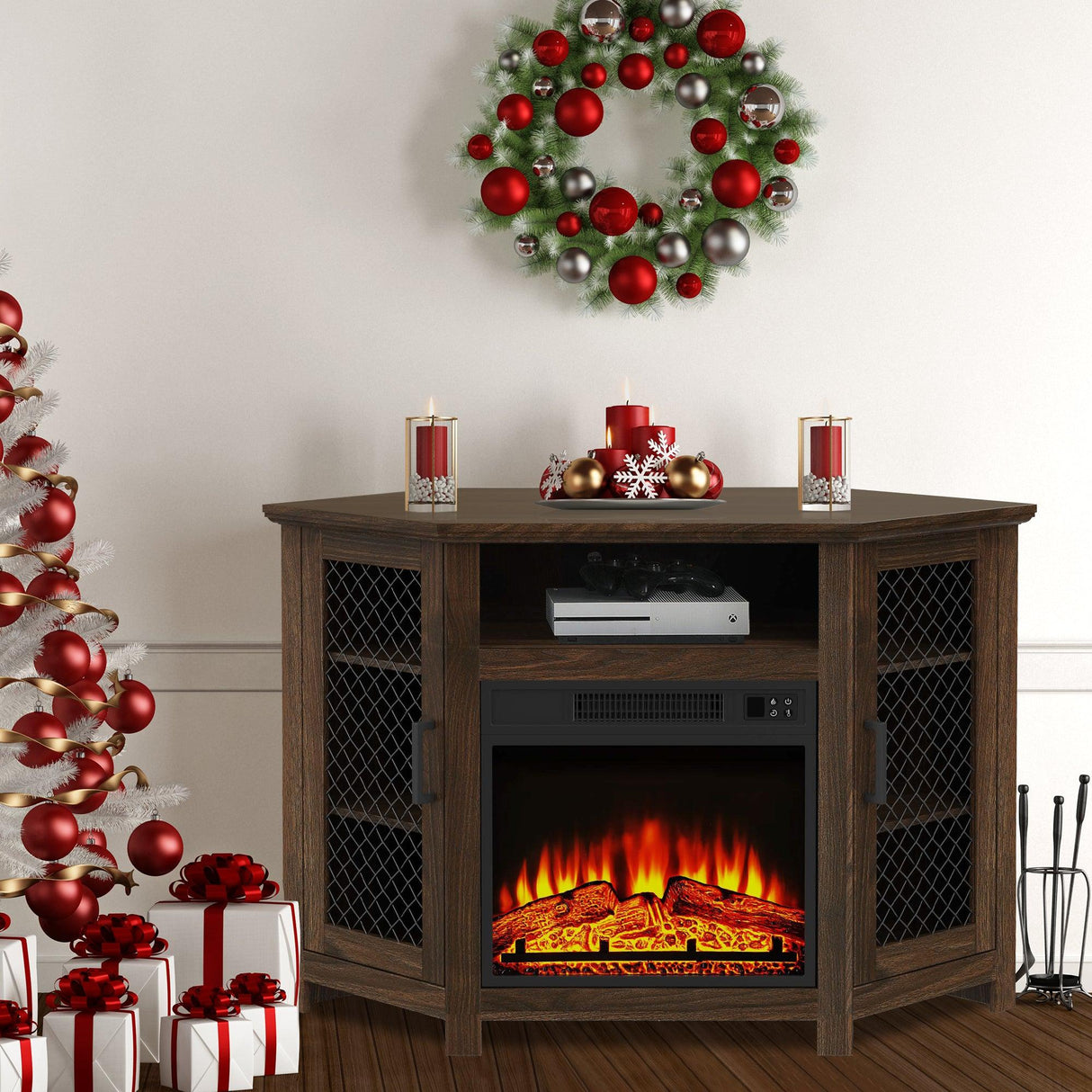 45" Corner Electric Fireplace TV Stands Console Table with 2 Metal Mesh Doors