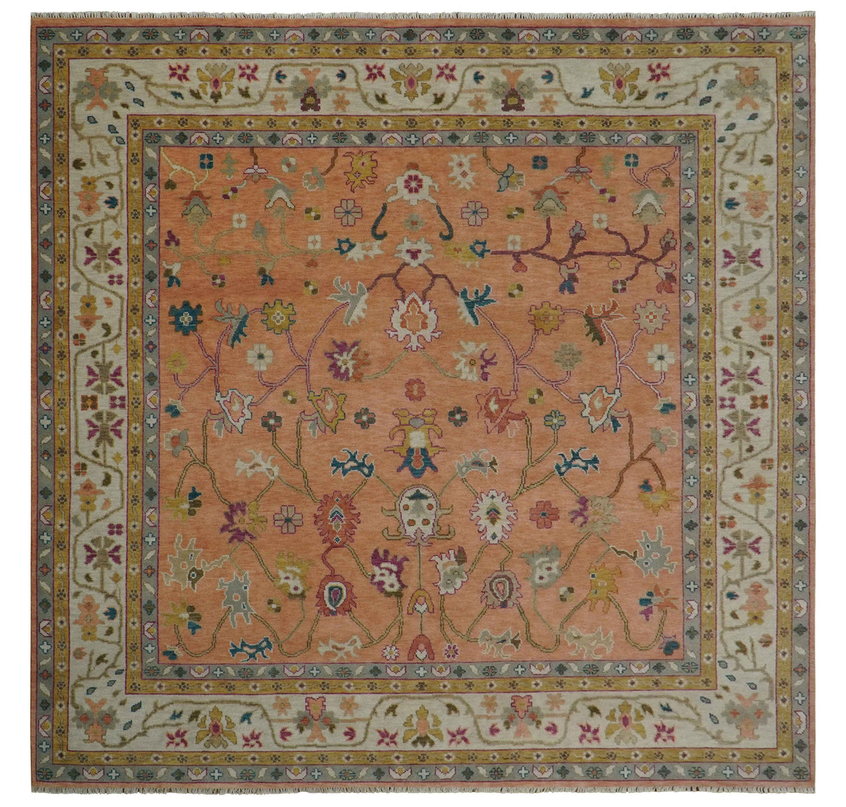 Peach and Ivory Hand knotted Oushak Custom Made wool Area Rug
