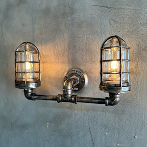 Black Pipe Light - Double Cage Industrial Wall Sconce - The Ironforge