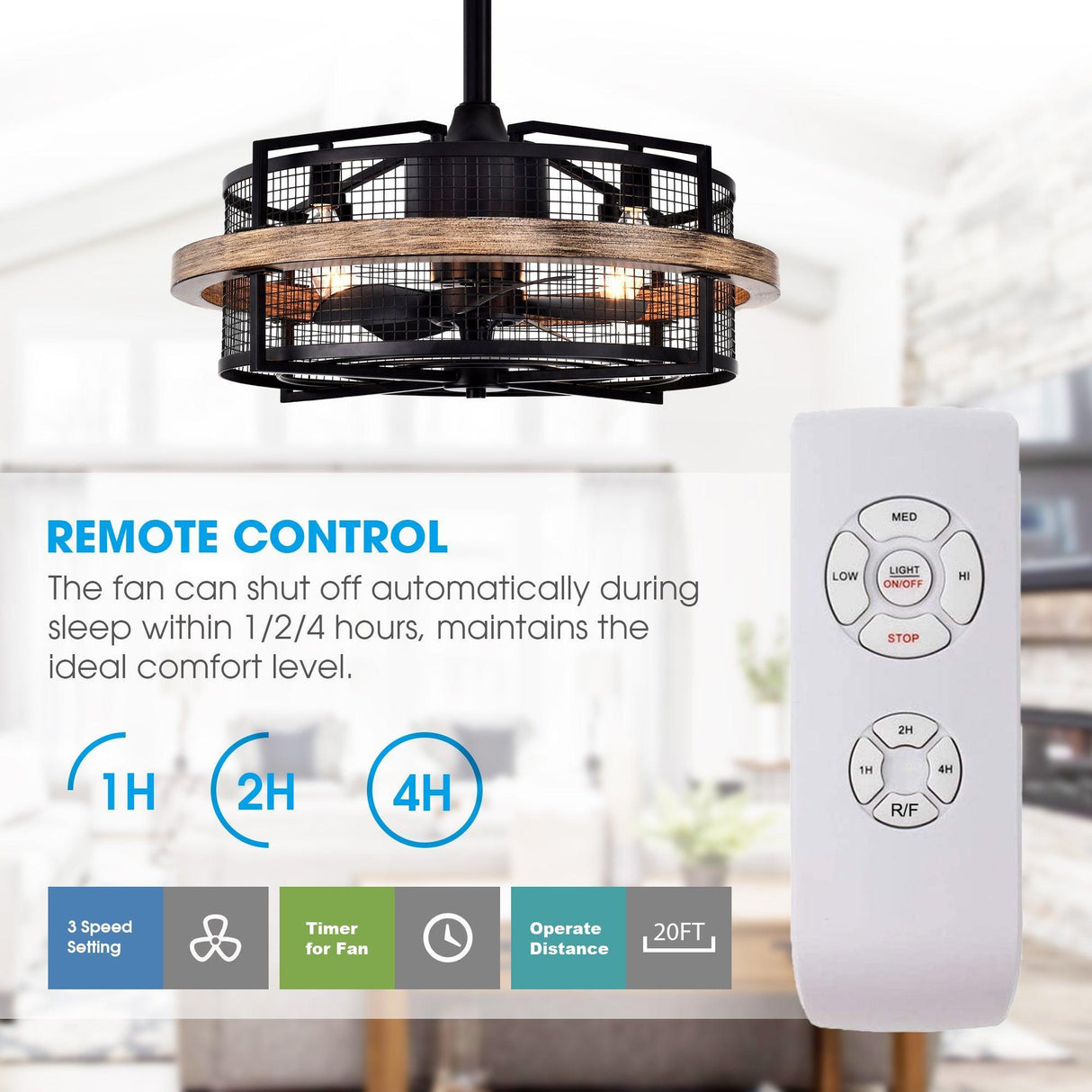 20" Industrial Downrod Mount Fandelier Ceiling Fan with Lighting and Remote Control