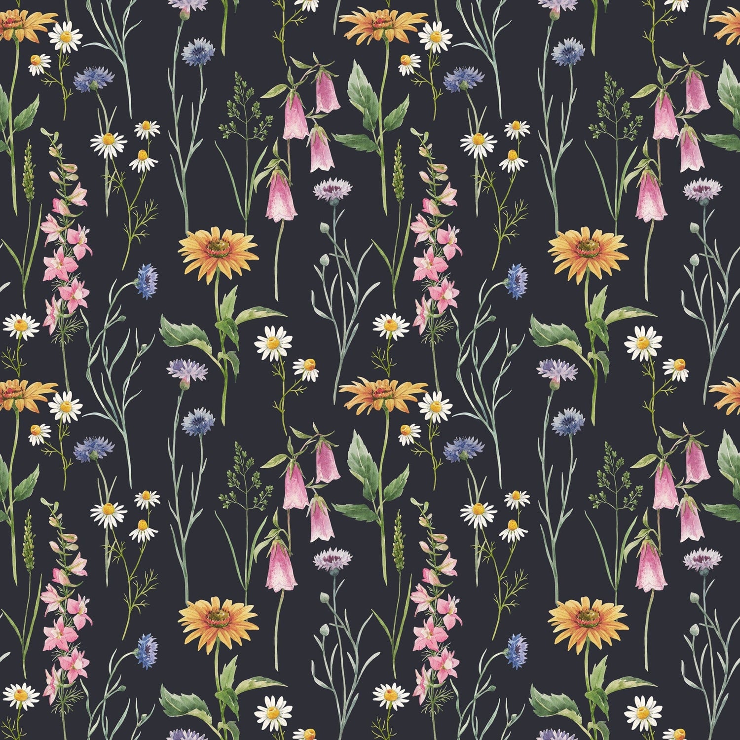 Hand-drawn Wildflowers on Dark Background Wallpaper